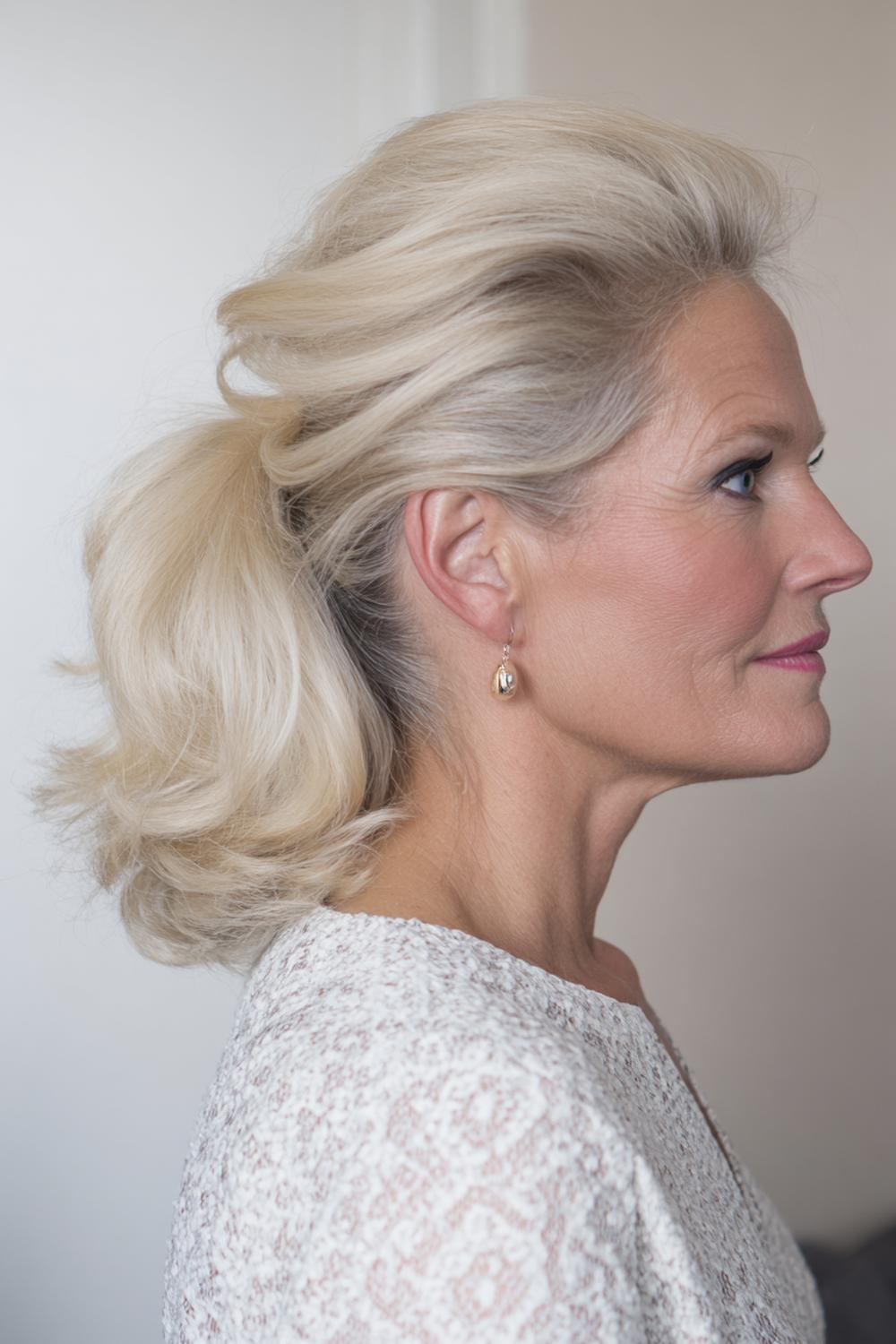 8. Kapsel met pony voor 50 plus: volumineuze blowout-lob met bottleneck pony