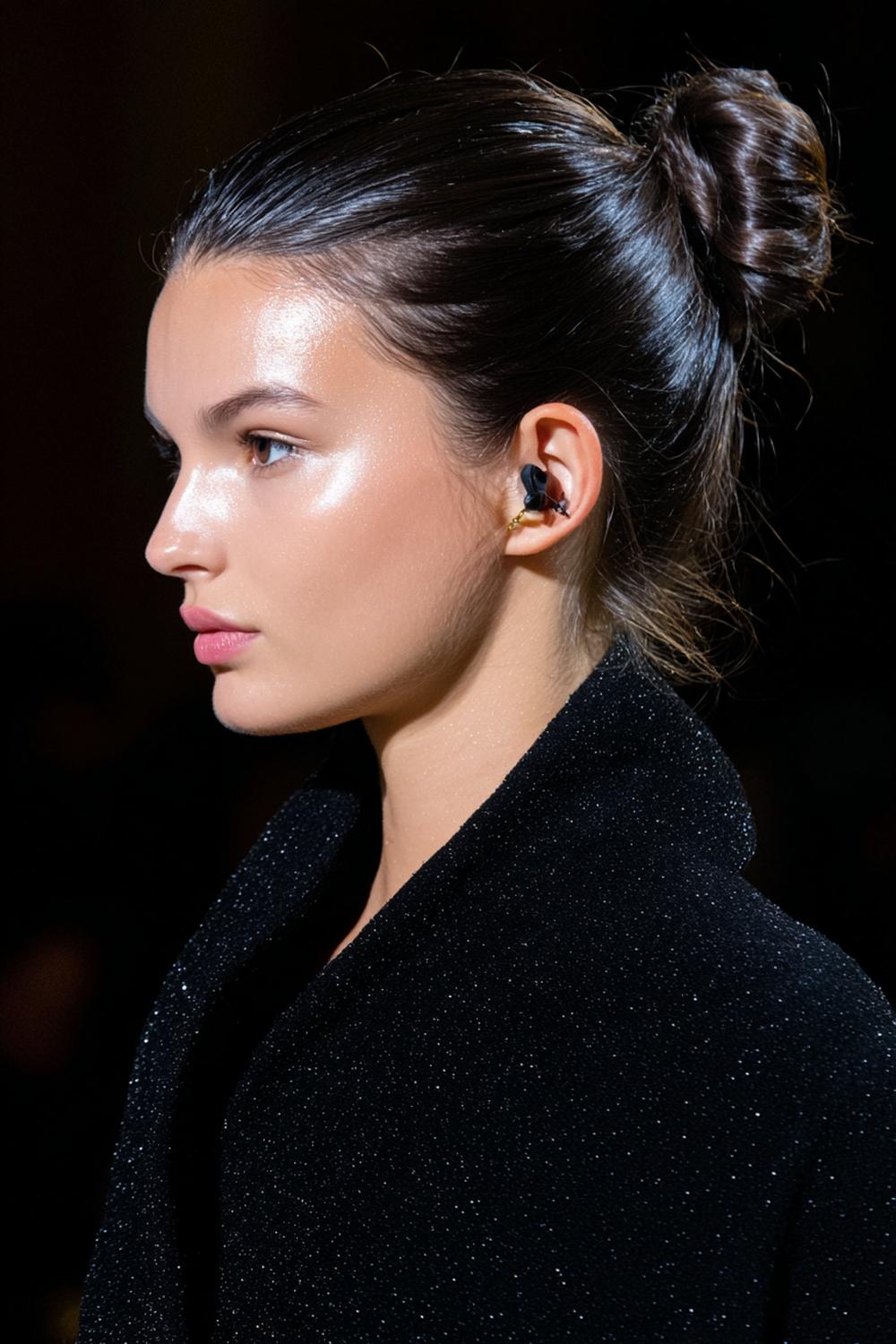 2. Kapsels zonder föhnen: de lage, strakke knot met glansserum en oordopjes zichtbaar