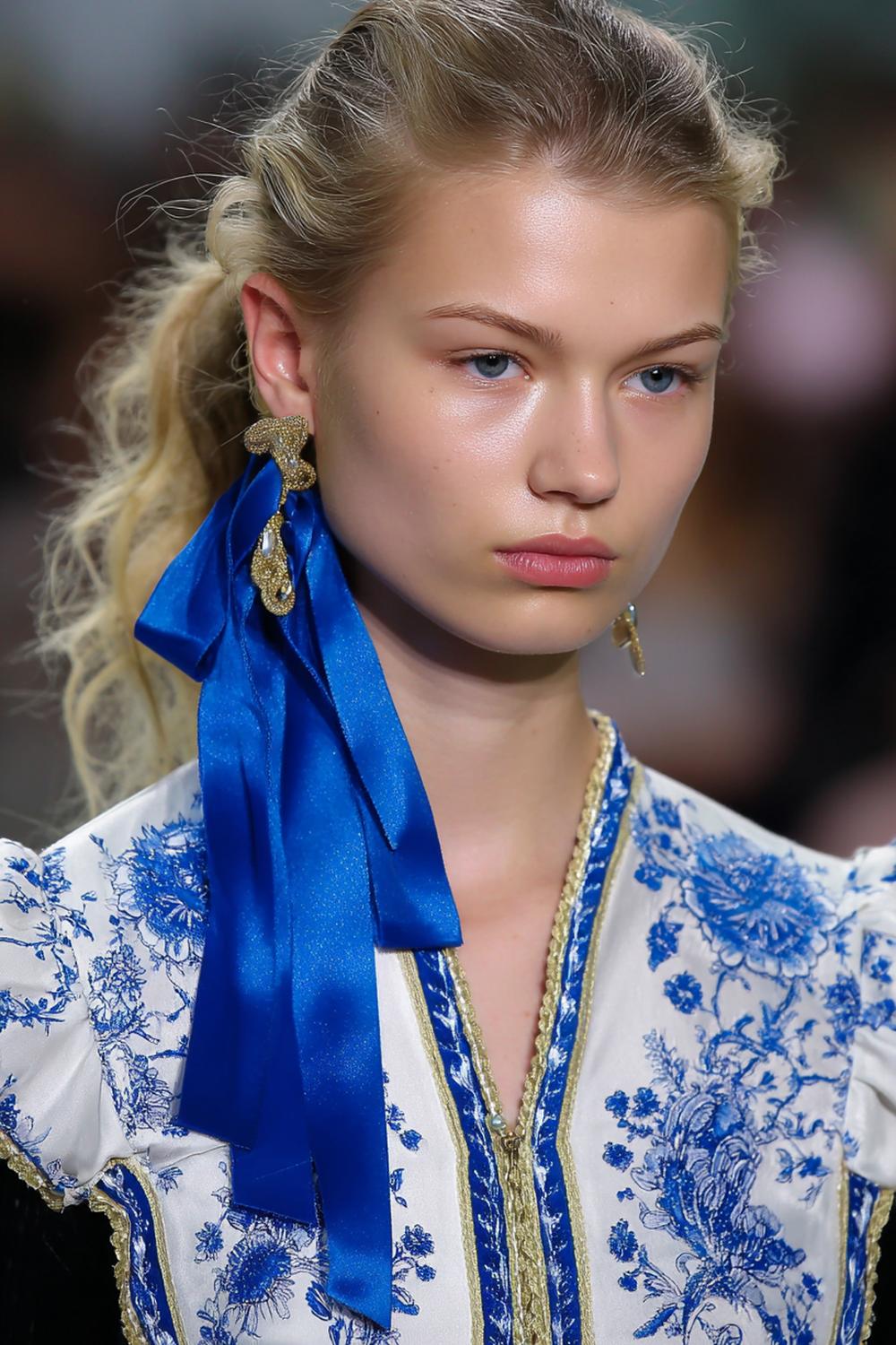 4. Kapsels zonder föhnen: de losse, lage paardenstaart met lint en volumineuze kruin