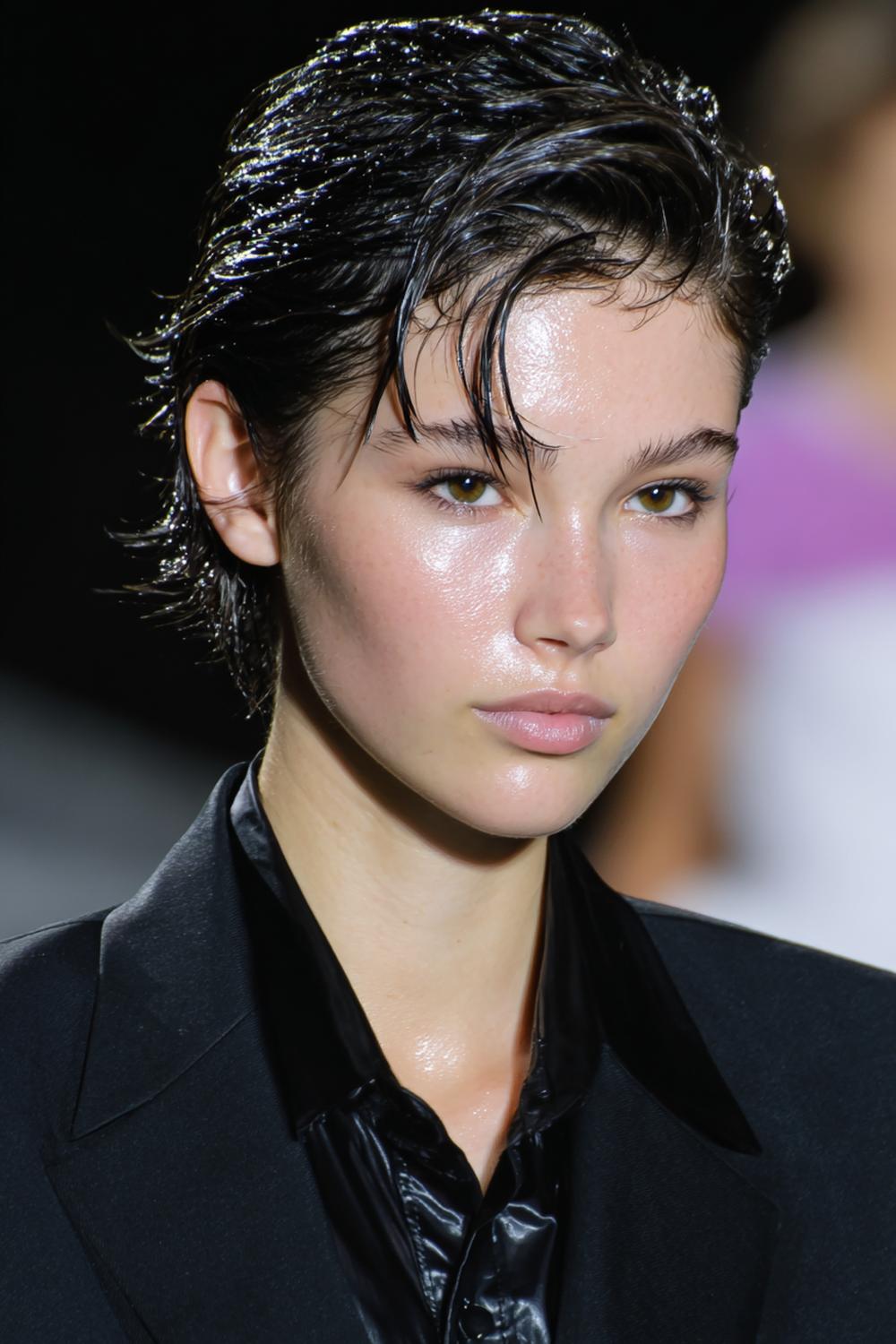 6. Kapsels zonder föhnen: de slick-back natte look met gel en glanzende, korte haartjes