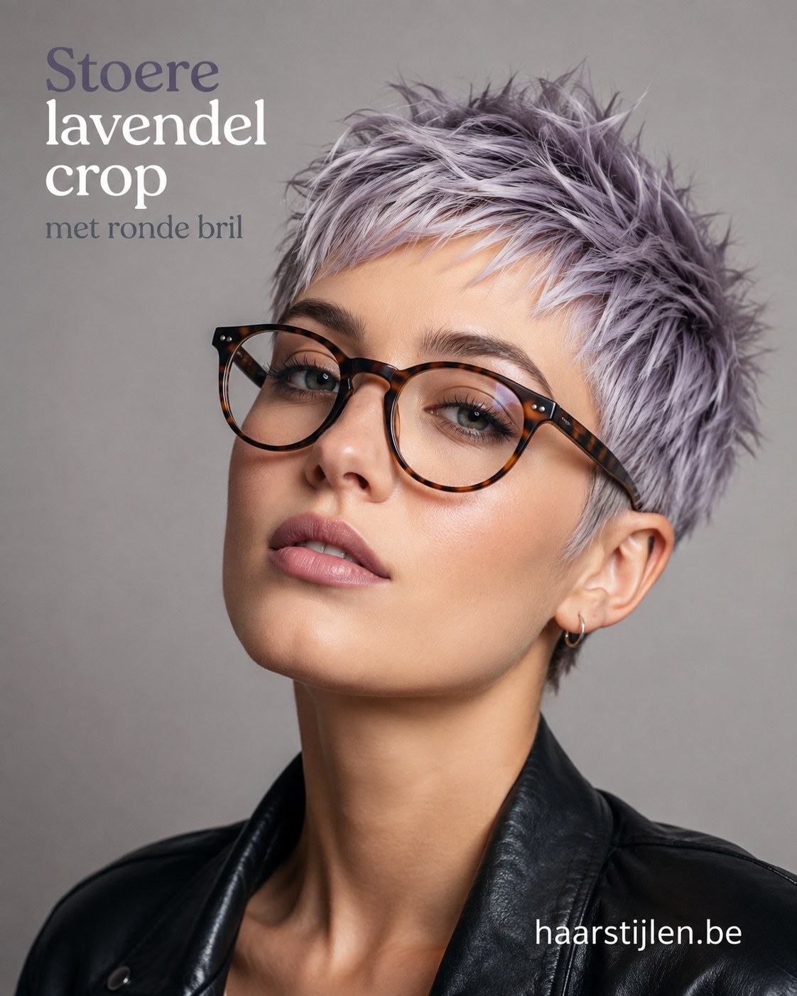 Stoere lavendel crop met een rond schildpadmontuur, een gedurfd kort kapsel met bril