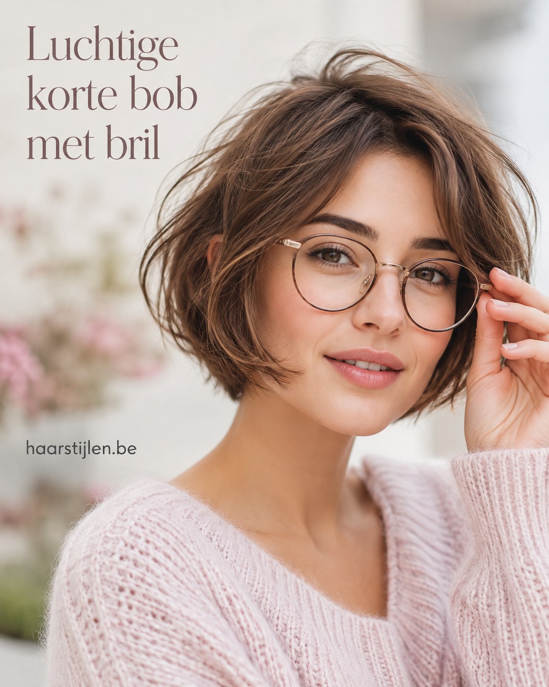 Luchtige korte bob met golven en een dun rond montuur, zacht kort kapsel met bril