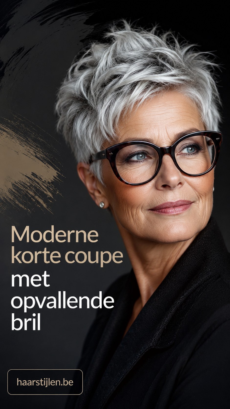 Moderne korte coupe in grijs met een opvallend cat-eye montuur, kort kapsel met bril