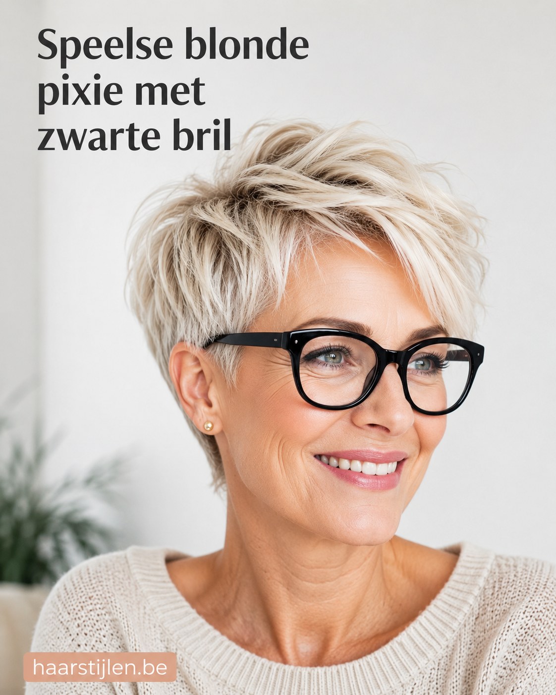 Speelse blonde pixie gecombineerd met een zwart montuur, kort kapsel met bril en textuur