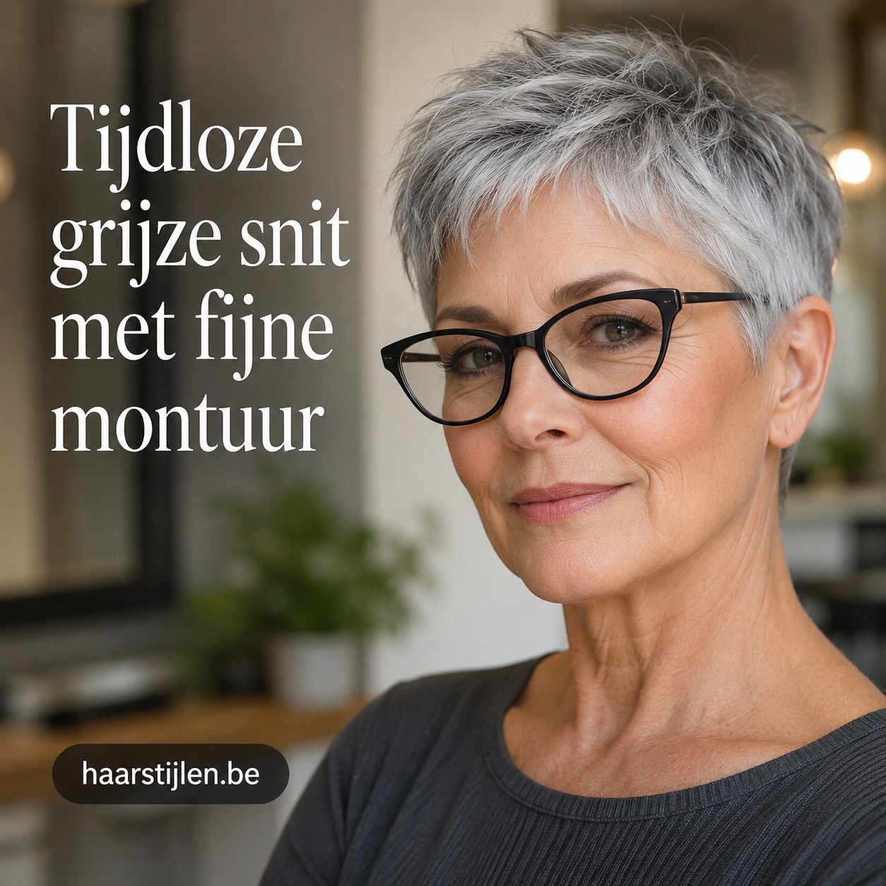 Tijdloze grijze korte snit met een fijn metalen montuur, subtiel kort kapsel met bril