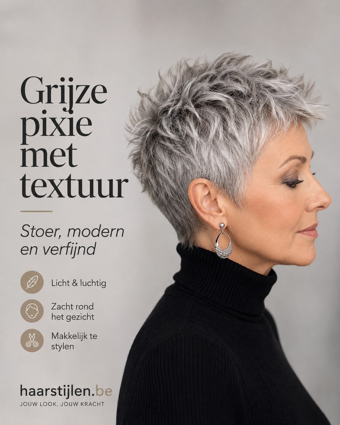 Grijze pixie met textuur en zachte lijnen rond het gezicht, stoere korte kapsels vrouwen 60 plus