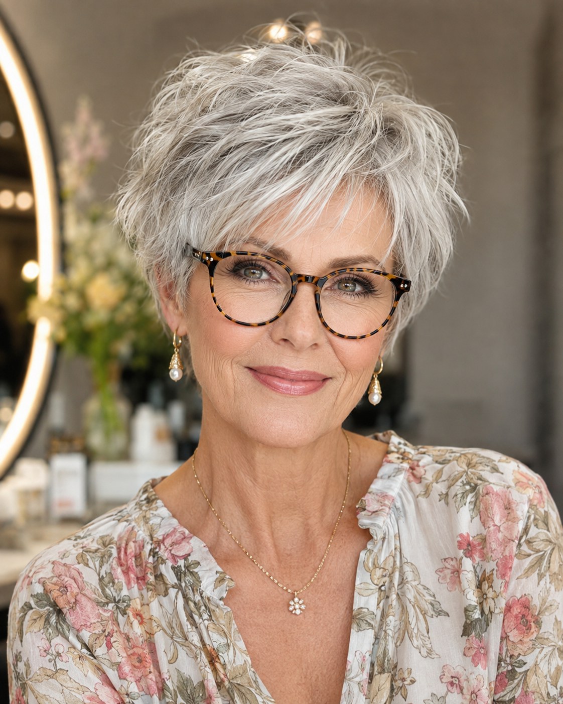 Kort kapsel vrouwen 70 plus met zachte grijze wave-pixie en losse curtain fringe