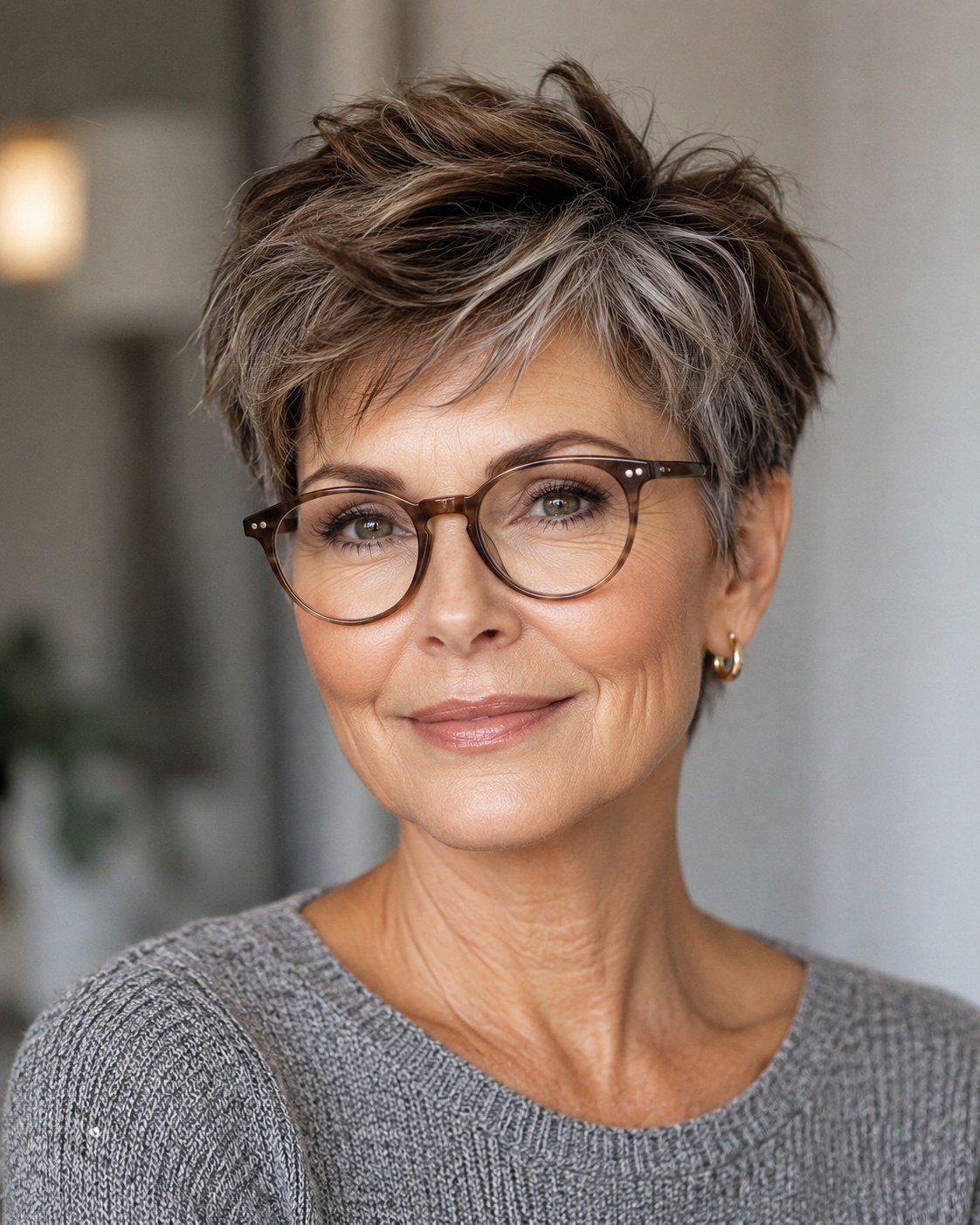 Kort kapsel vrouwen 70 plus met peper-en-zout crop en spikey getextureerde top