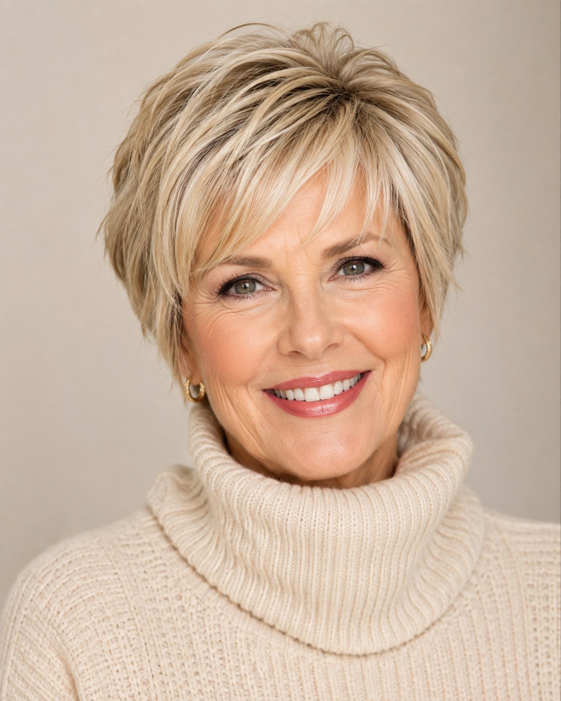 Kort kapsel vrouwen 70 plus met klassieke blonde pixie en zijwaartse pony