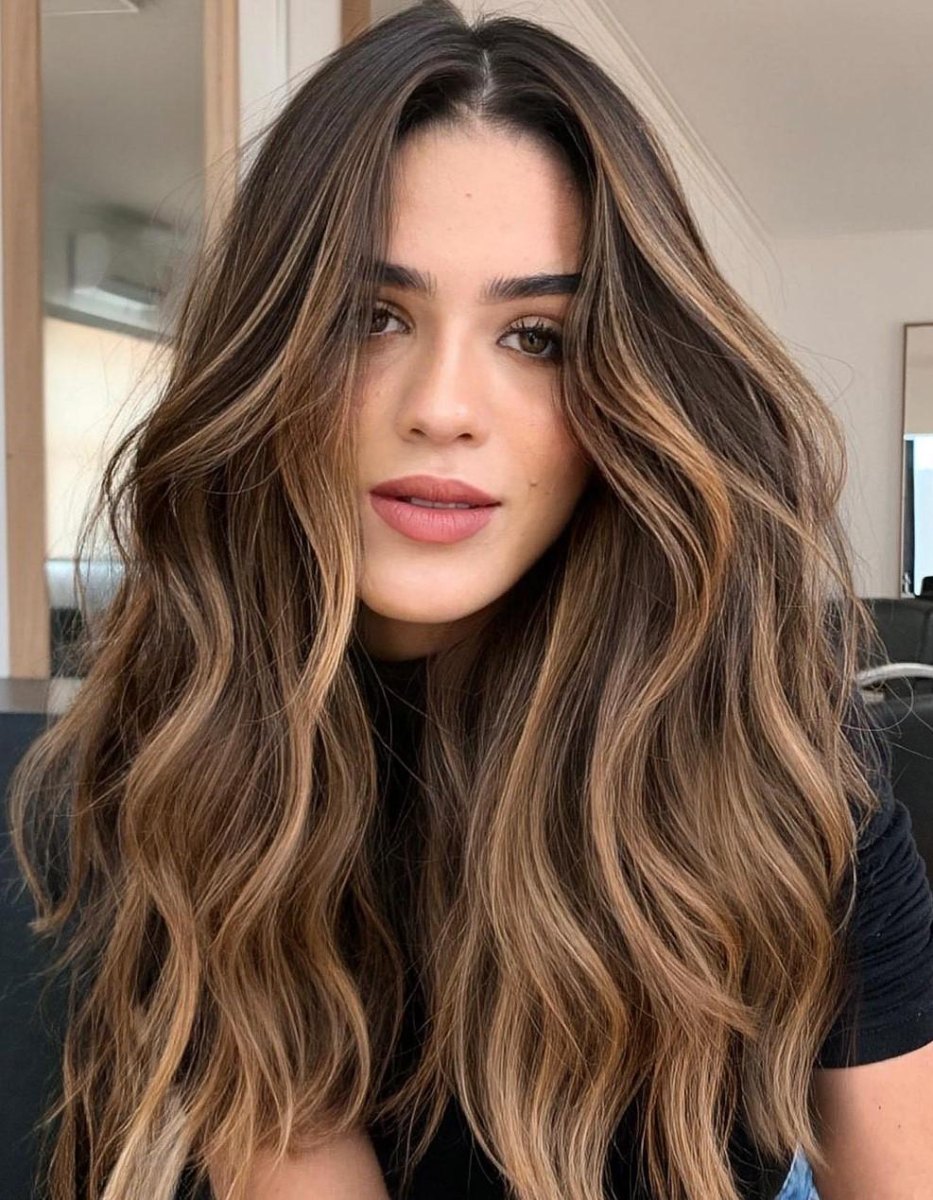 Kühle beige und karamellfarbene Strähnen auf brünettem Haar