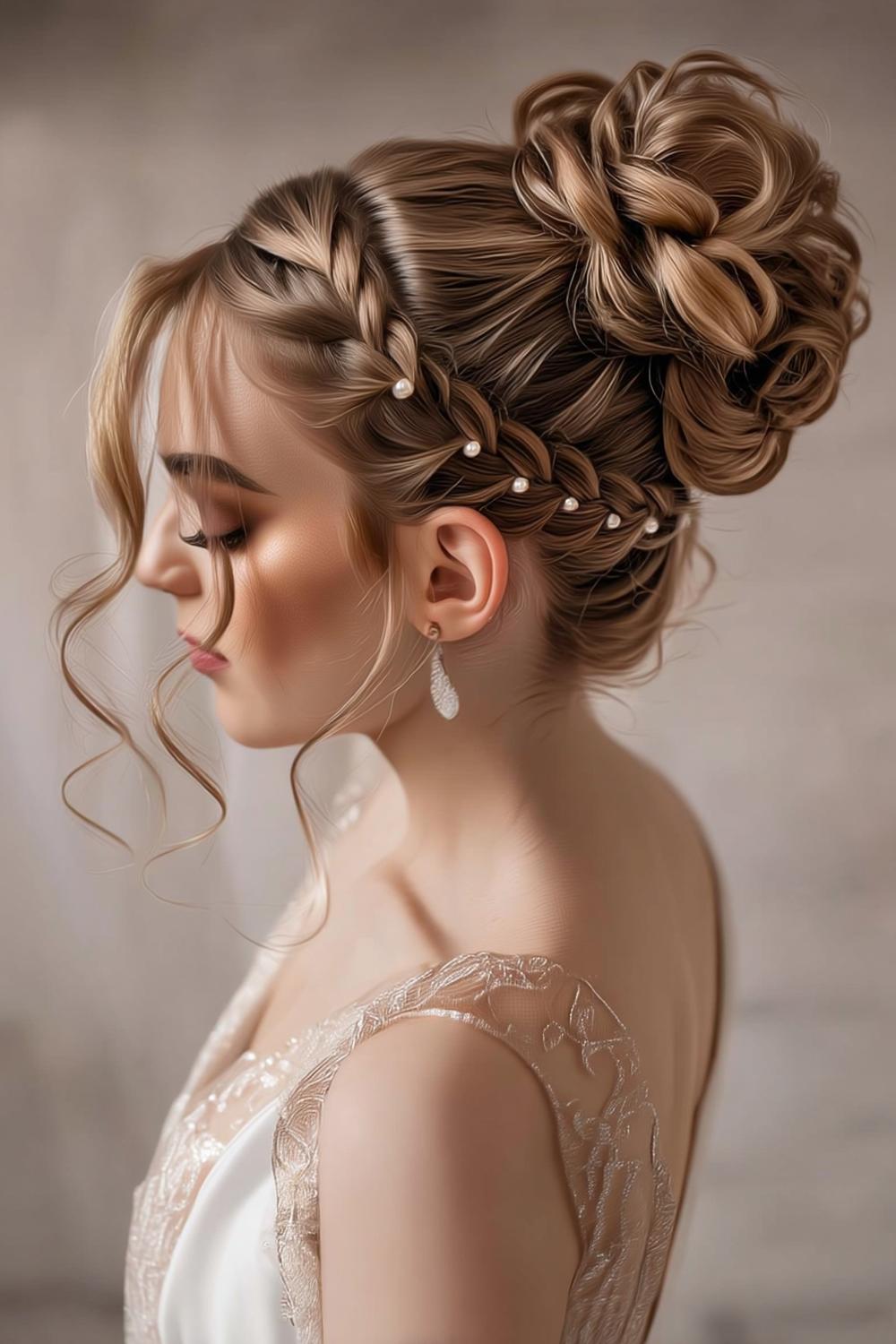 Gevlochten updo met parels