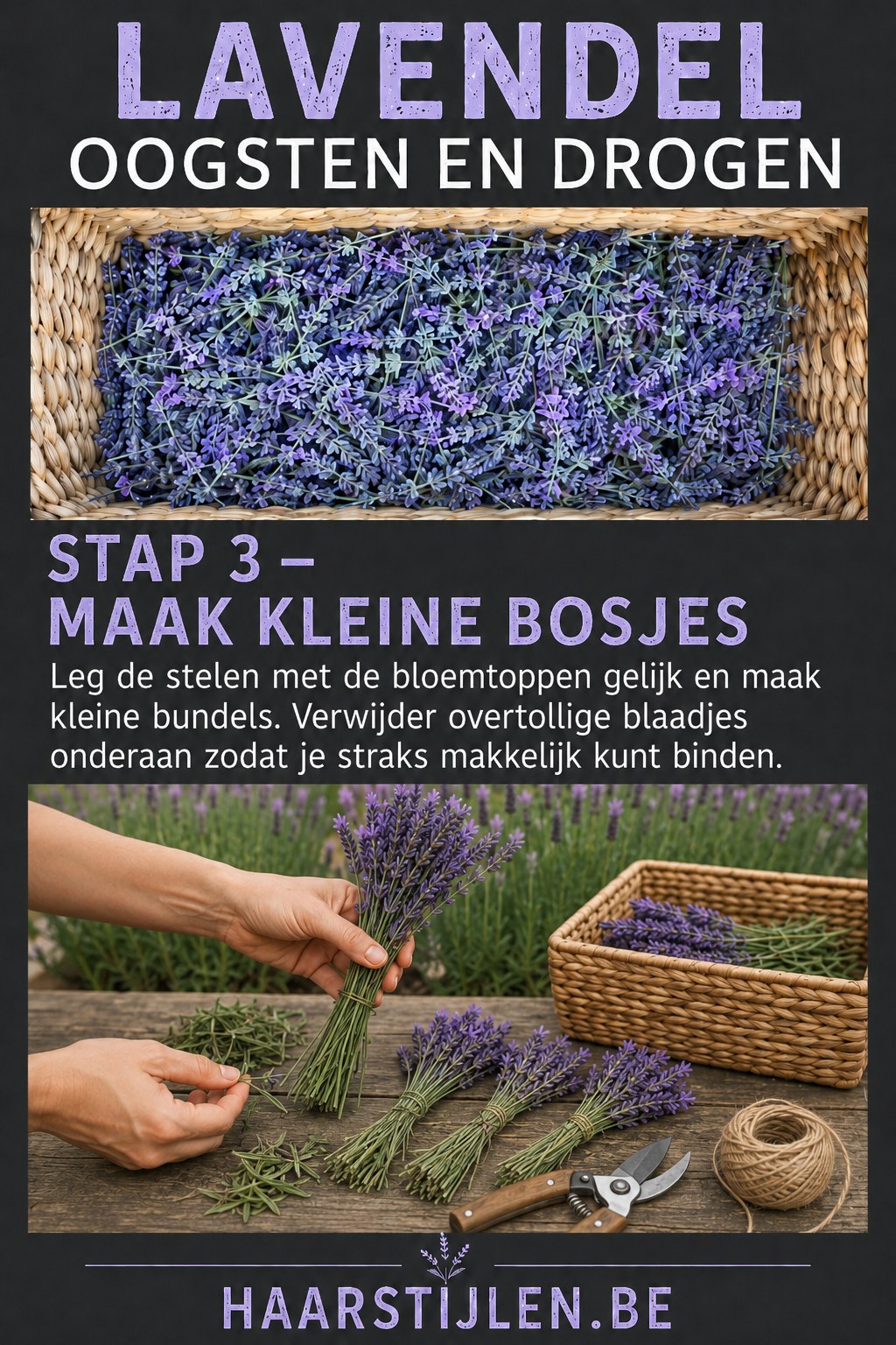 Handen die kleine lavendelbosjes vormen op een houten werkblad tijdens het lavendel oogsten en drogen