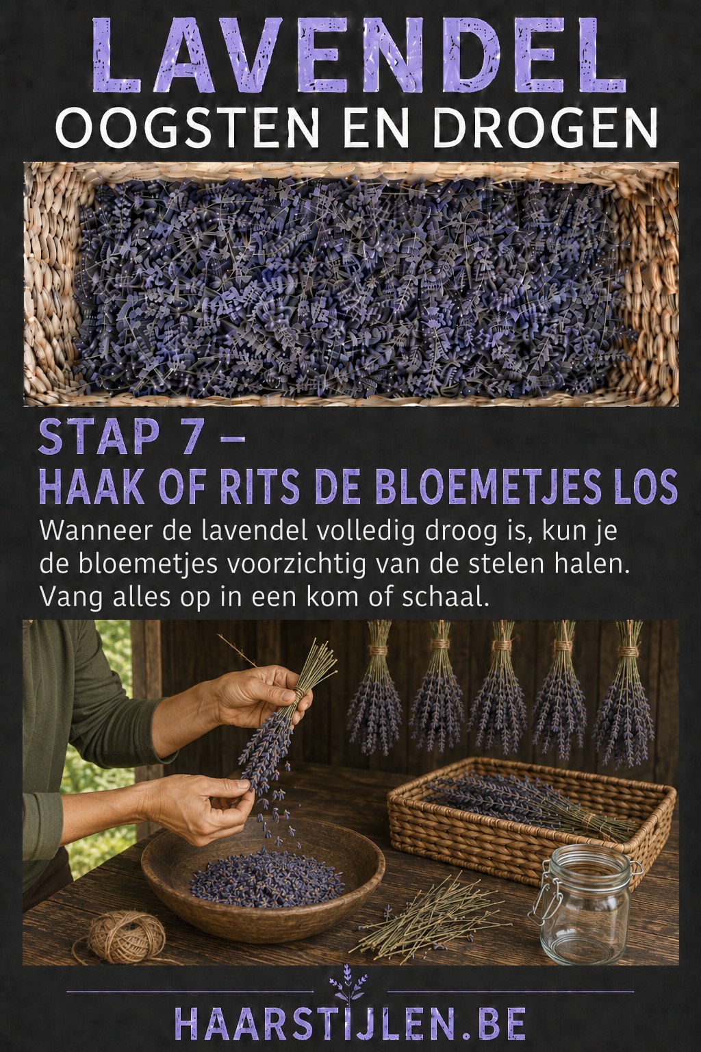 Handen die gedroogde lavendelbloempjes losmaken boven een houten kom voor verder gebruik