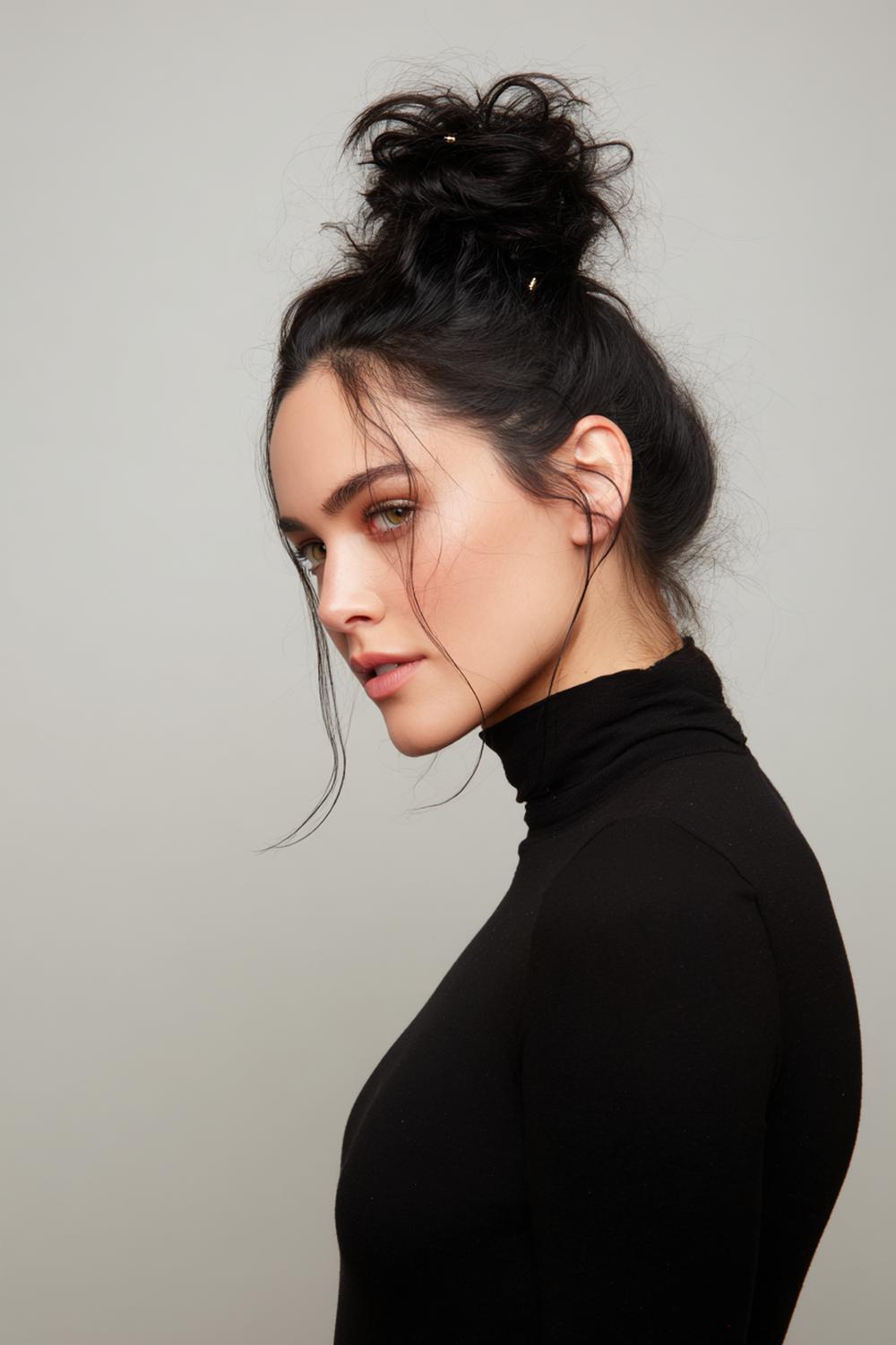 13. Messy bun met micro-haarspelden en grafische lijn