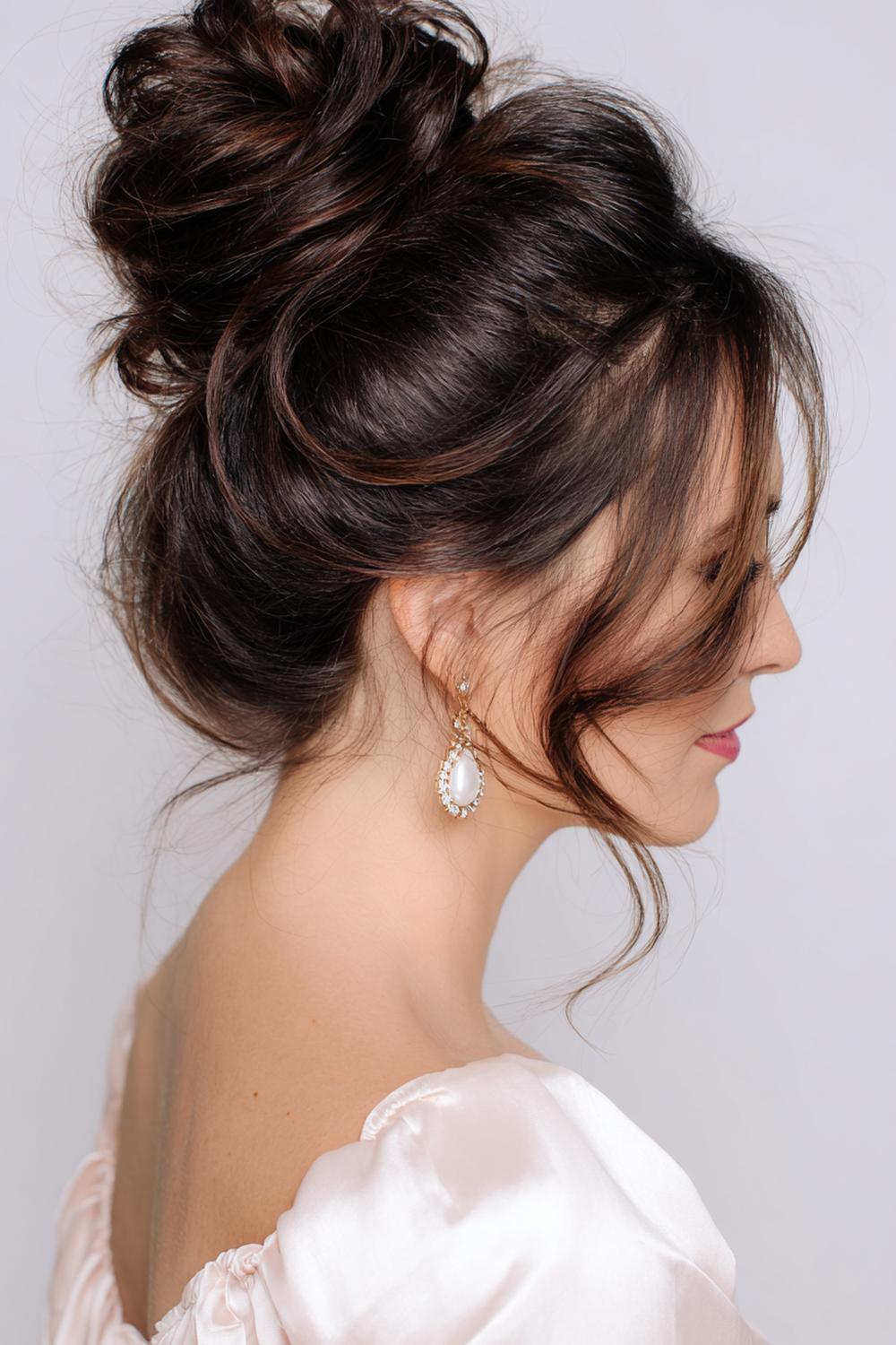2. Messy bun met lage nek-knot en glanzende finish