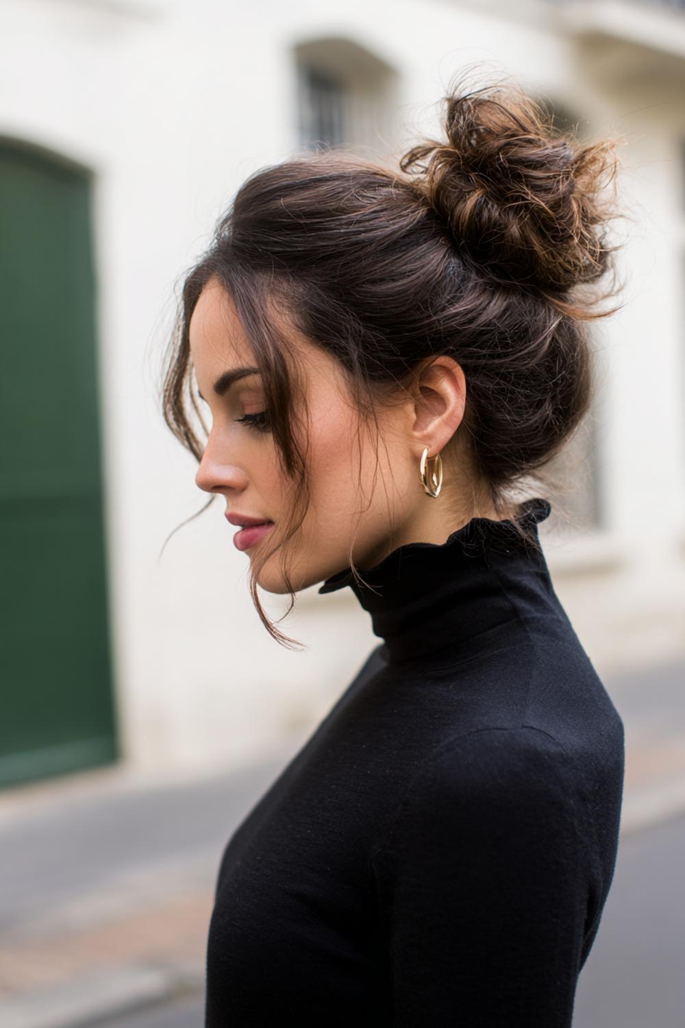 22. Messy bun met natte look bij de aanzet en matte lengtes
