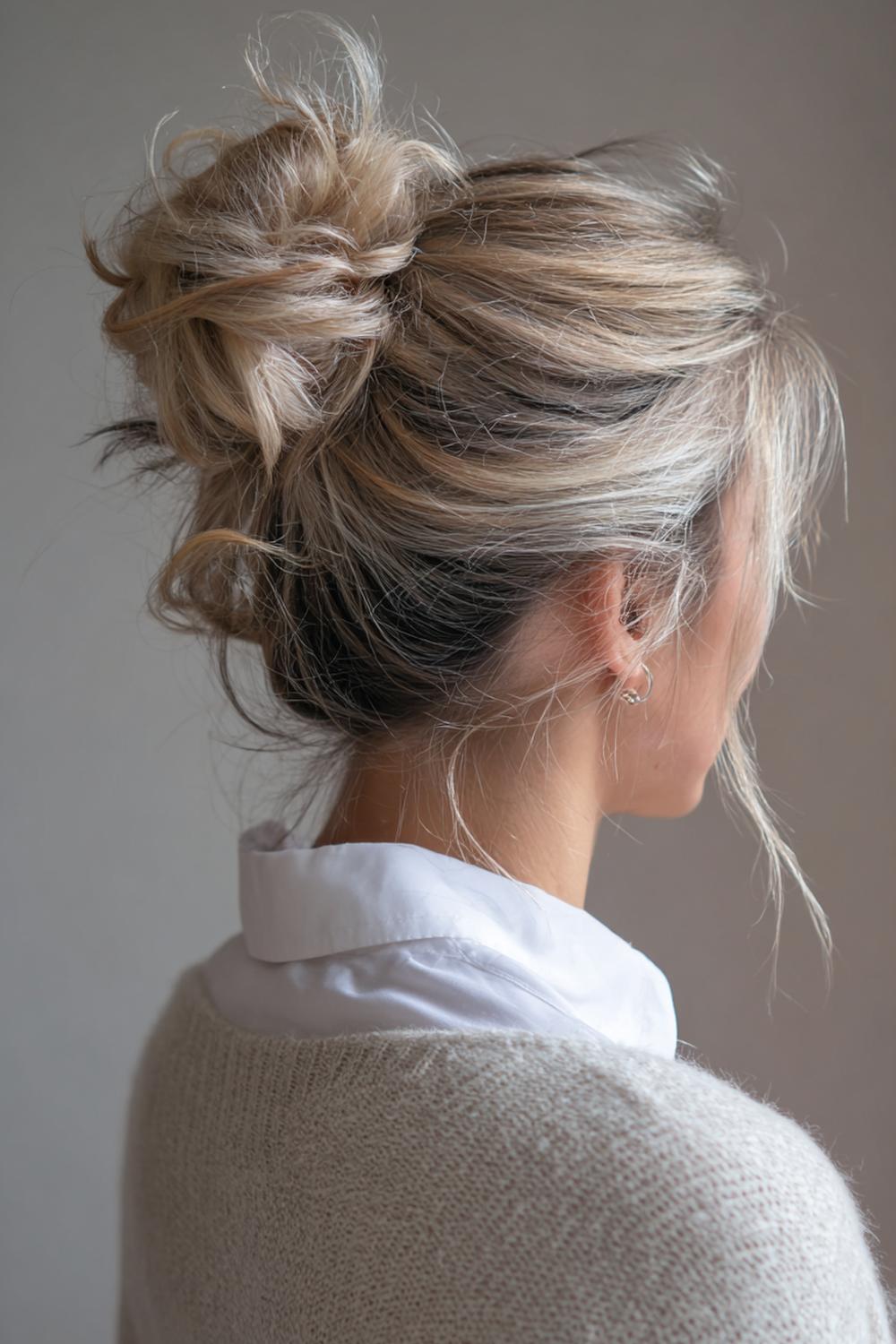 23. Messy bun met zachte lowlights en tonale diepte