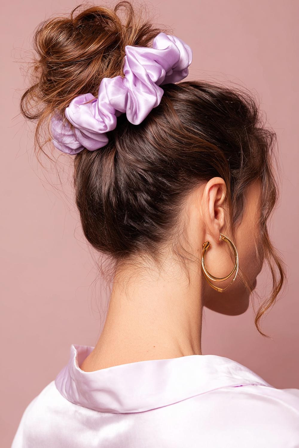 5. Messy bun met scrunchie van satijn en losse krulpunten