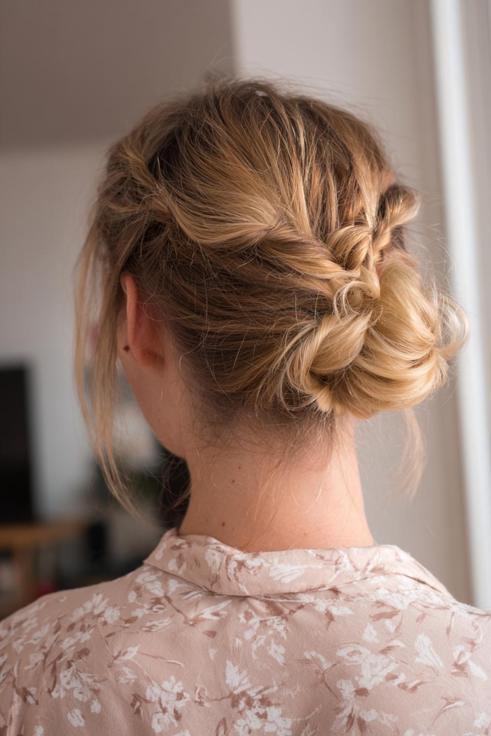6. Messy bun met twee mini-vlechtjes langs de slapen