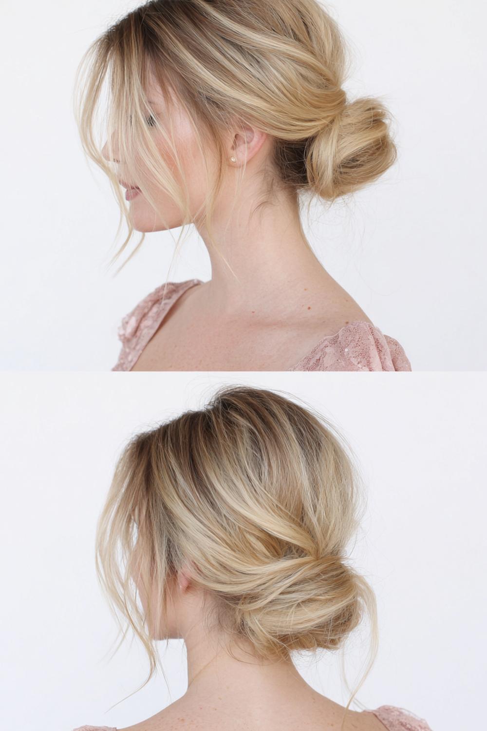 7. Messy bun met lage zijscheiding en zachte “S”-golven