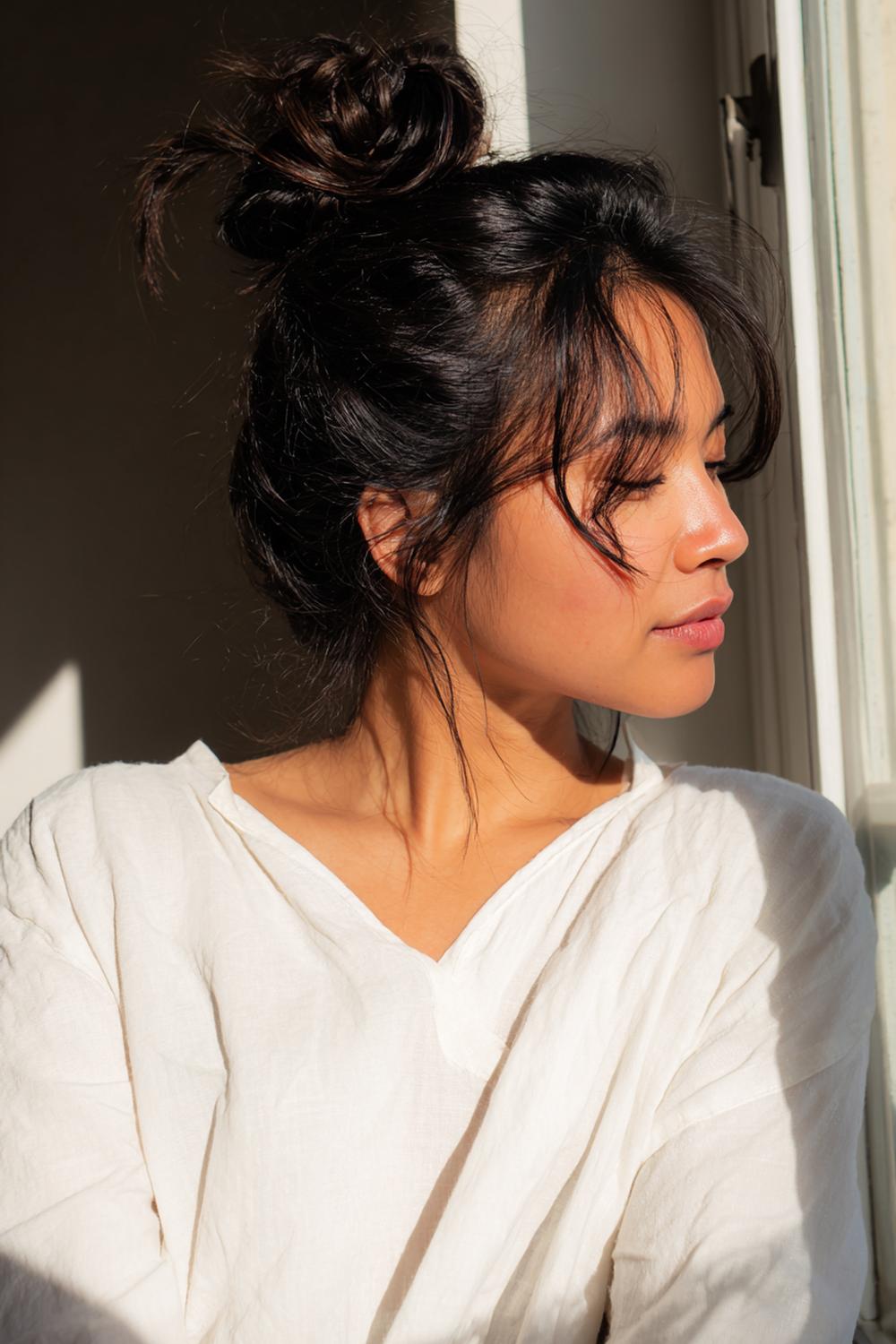 8. Messy bun met curtain bangs en airy undone knot