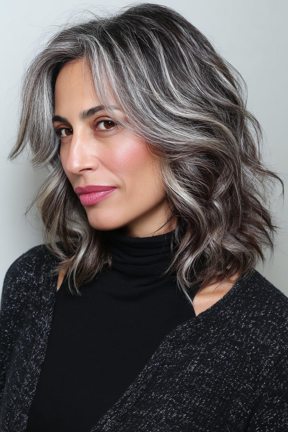 20. Moderne kapsels voor 50 plussers: grijze lob met natuurlijke diepte en donkere lowlights