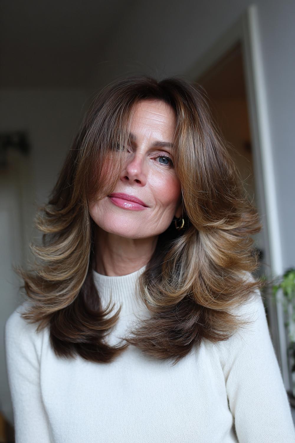 25. Moderne kapsels voor 50 plussers: lange lagen met face-framing en zachte blowout