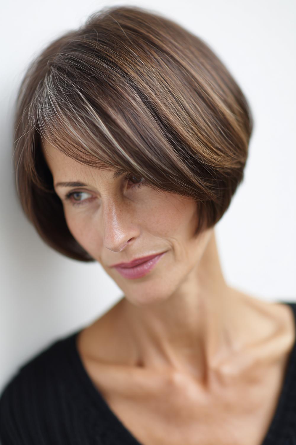 28. Moderne kapsels voor 50 plussers: klassieke bob met moderne midden scheiding en strakke rand