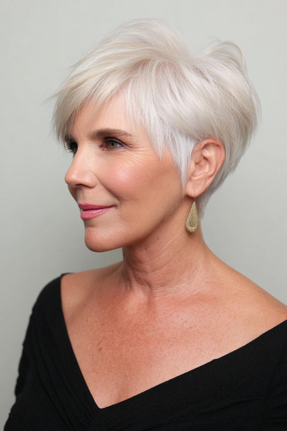 3. Moderne kapsels voor 50 plussers: pixiecut met lange kuif en getaperde nek