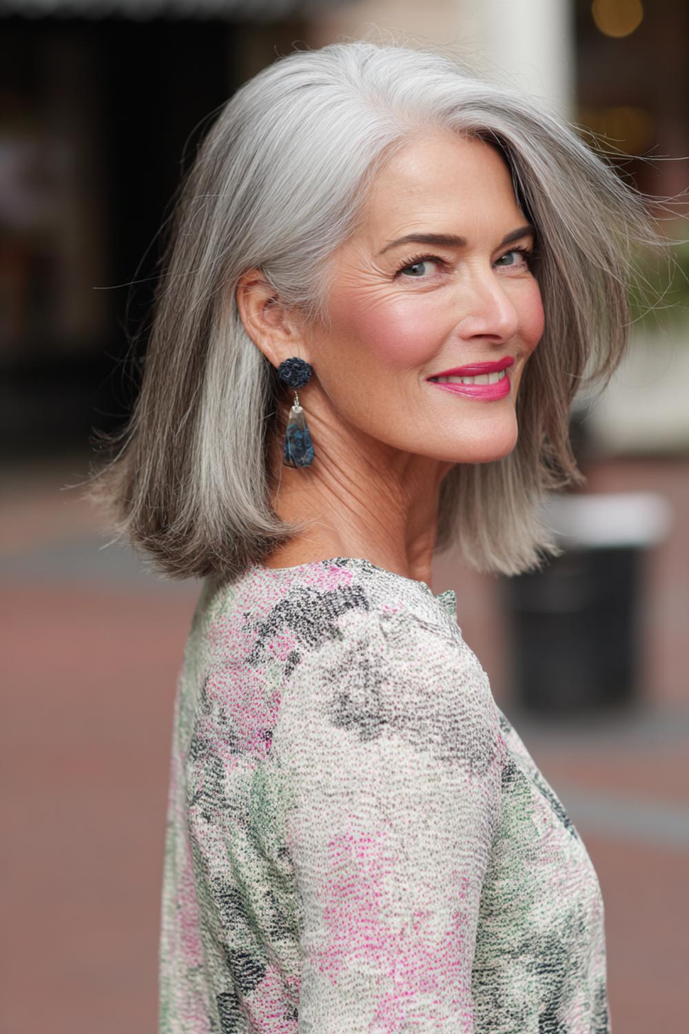 33. Moderne kapsels voor 50 plussers: schouderlange coupe met zachte lagen en natuurlijke grijsblend