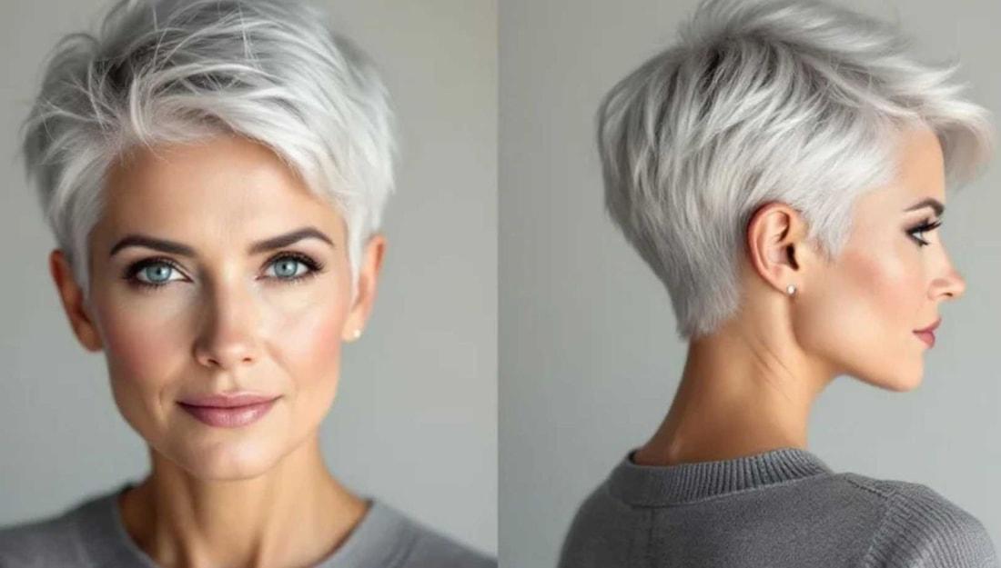 Moderne pixie cut met grijs haar