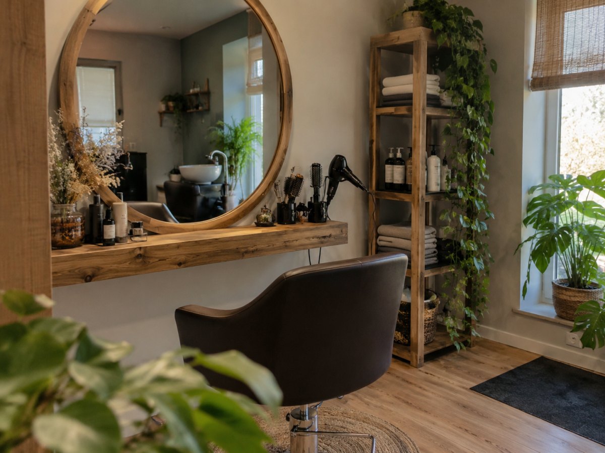 Natuurlijke kapsalon met houten details