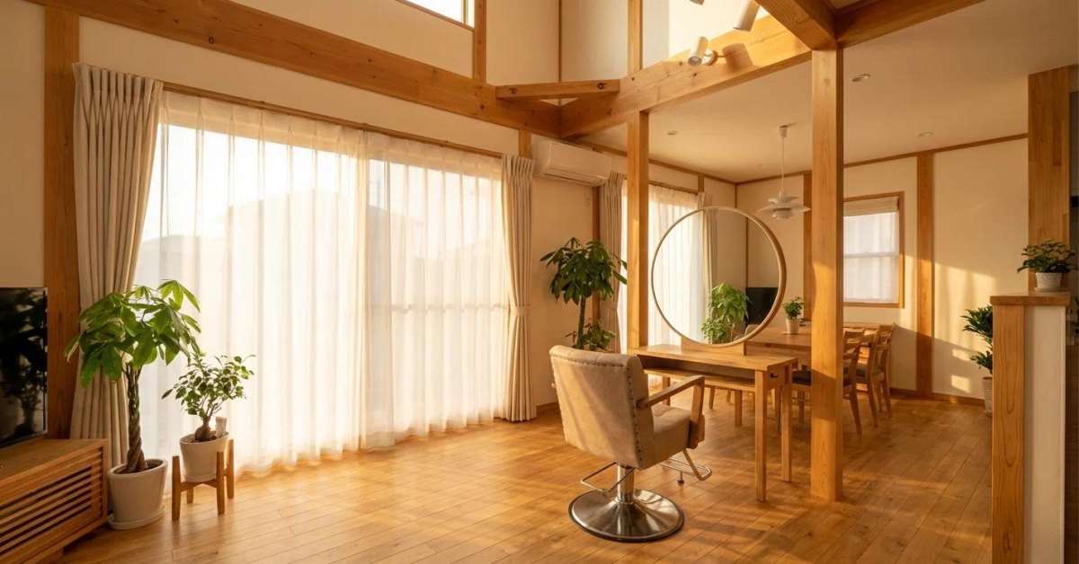 Salon met hout en planten