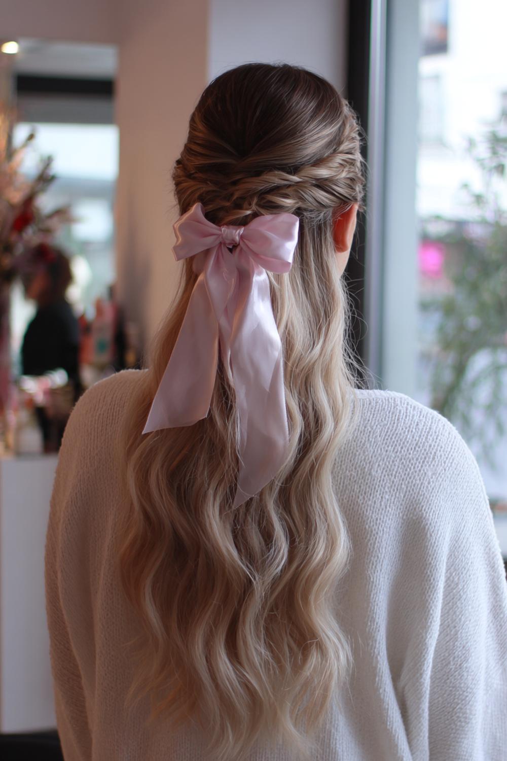 12. Nieuwe Haarstijlen 2026: Half-up strikdetail met satijnen lint en losse golven