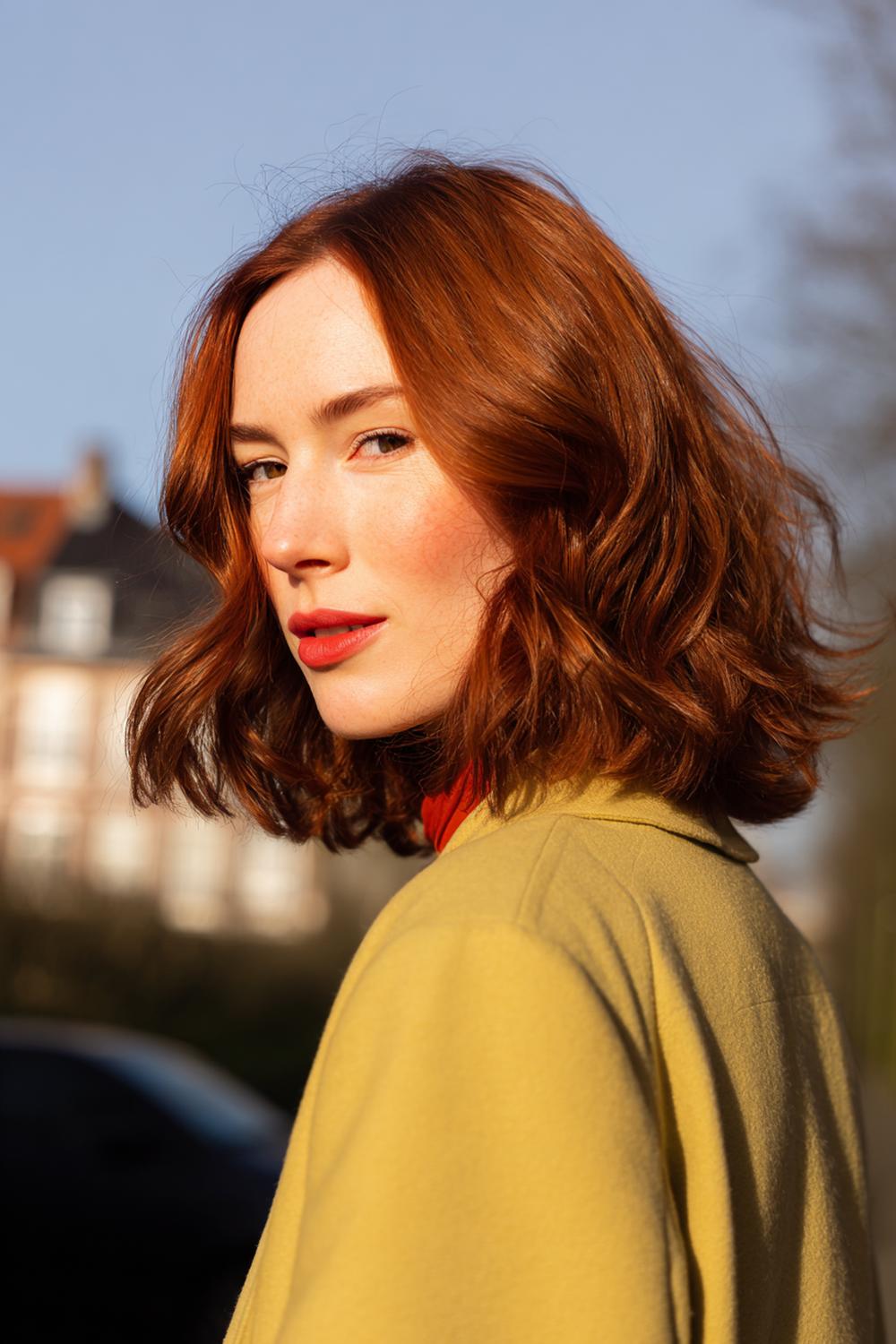 20. Nieuwe Haarstijlen 2026: Koperrode lob met glanslaag en zachte binnenkrul