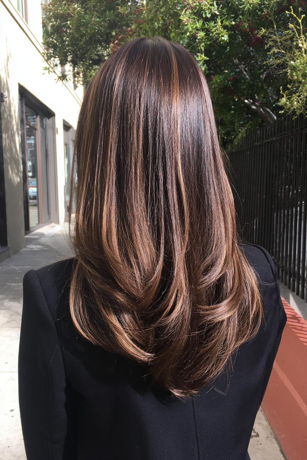 21. Nieuwe Haarstijlen 2026: Espresso-brunette lagen met ‘money piece’ highlight