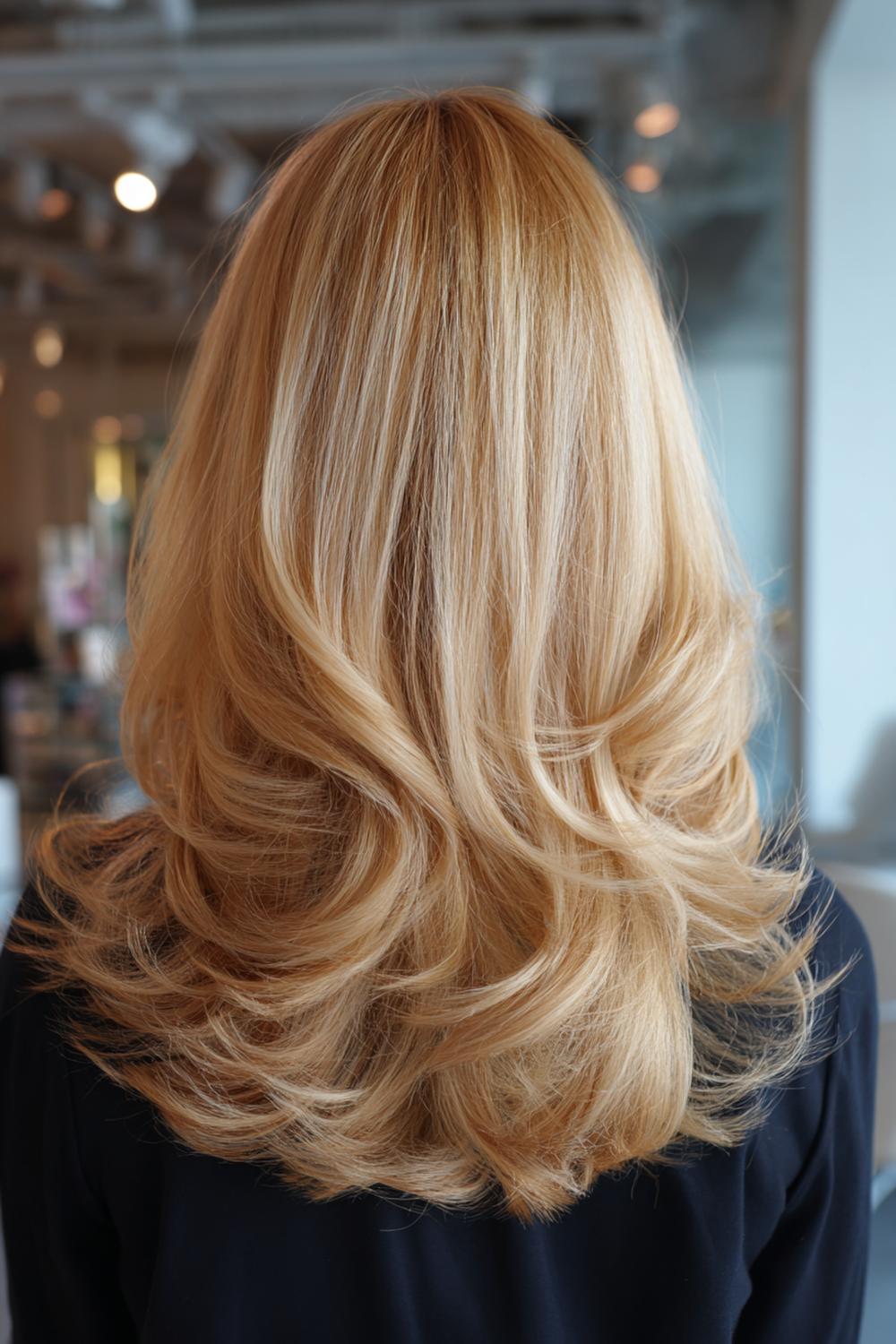 22. Nieuwe Haarstijlen 2026: Honingblonde blowout met bouncy lagen en glansspray