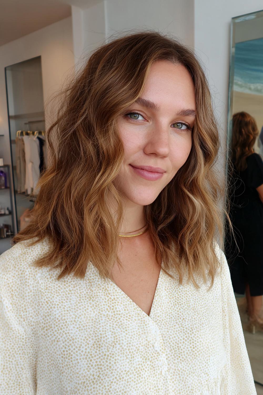 4. Nieuwe Haarstijlen 2026: Collarbone lob met zachte beachwaves en diepe zijscheiding