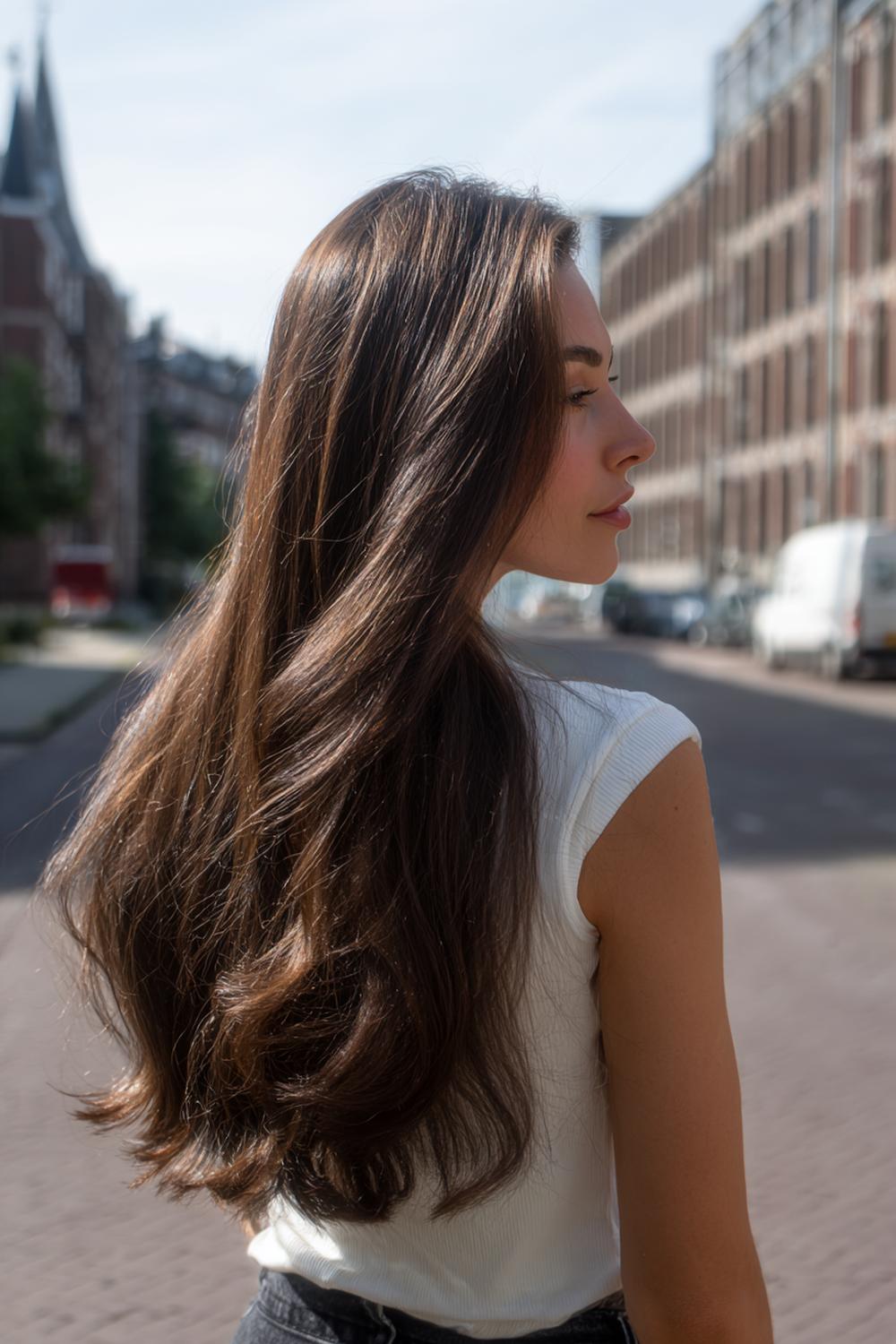 8. Nieuwe Haarstijlen 2026: U-vormige lengte met glanzende uiteinden en subtiele slag