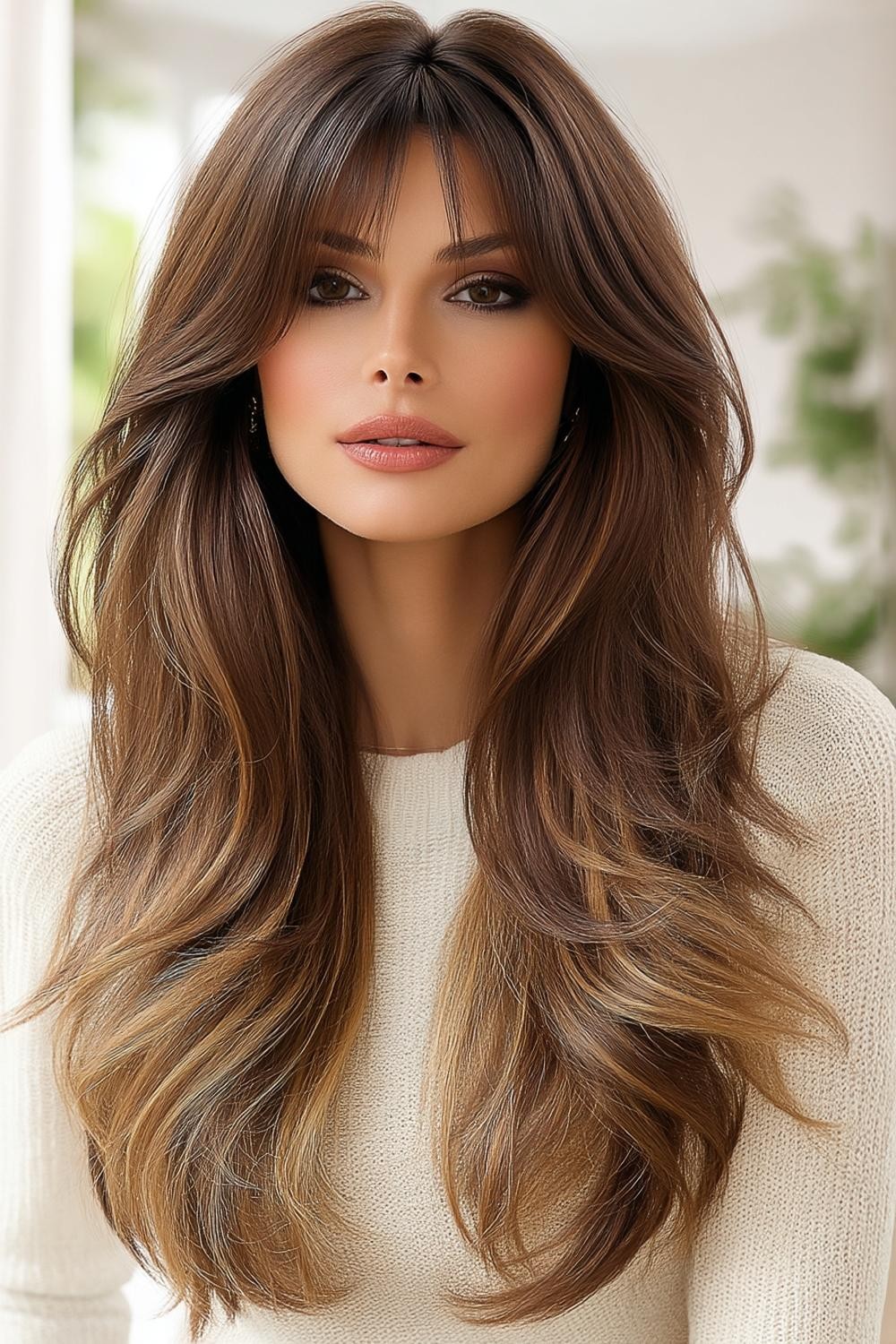 Lange bruine lokken met pony