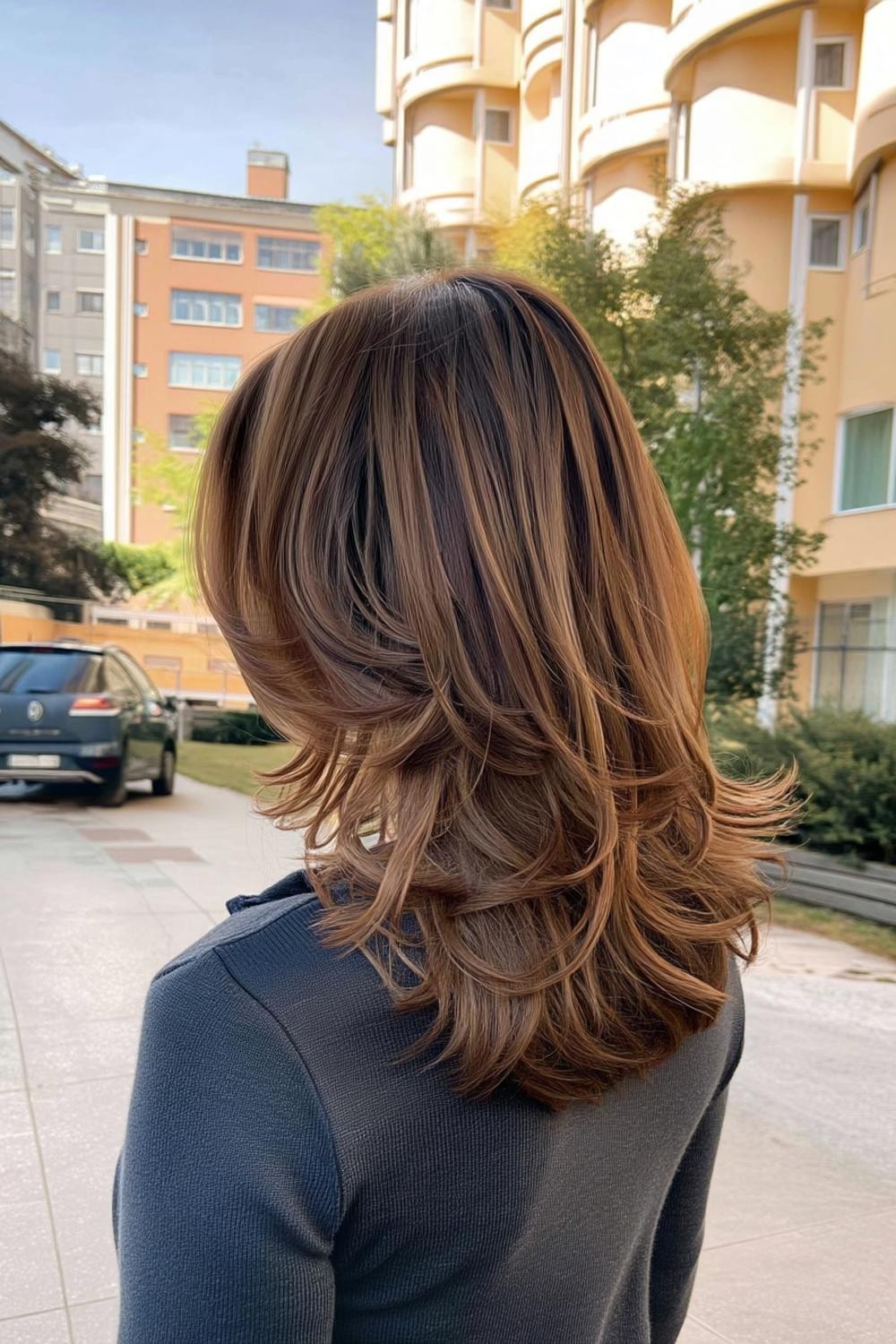 Gelaagde Bruine Halflange Krullen