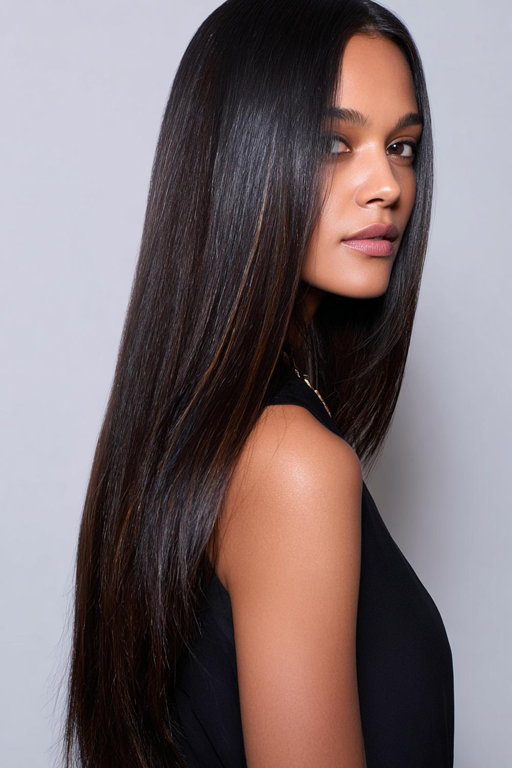 16. Haar: sleek midden scheiding met ultra-lange lengtes