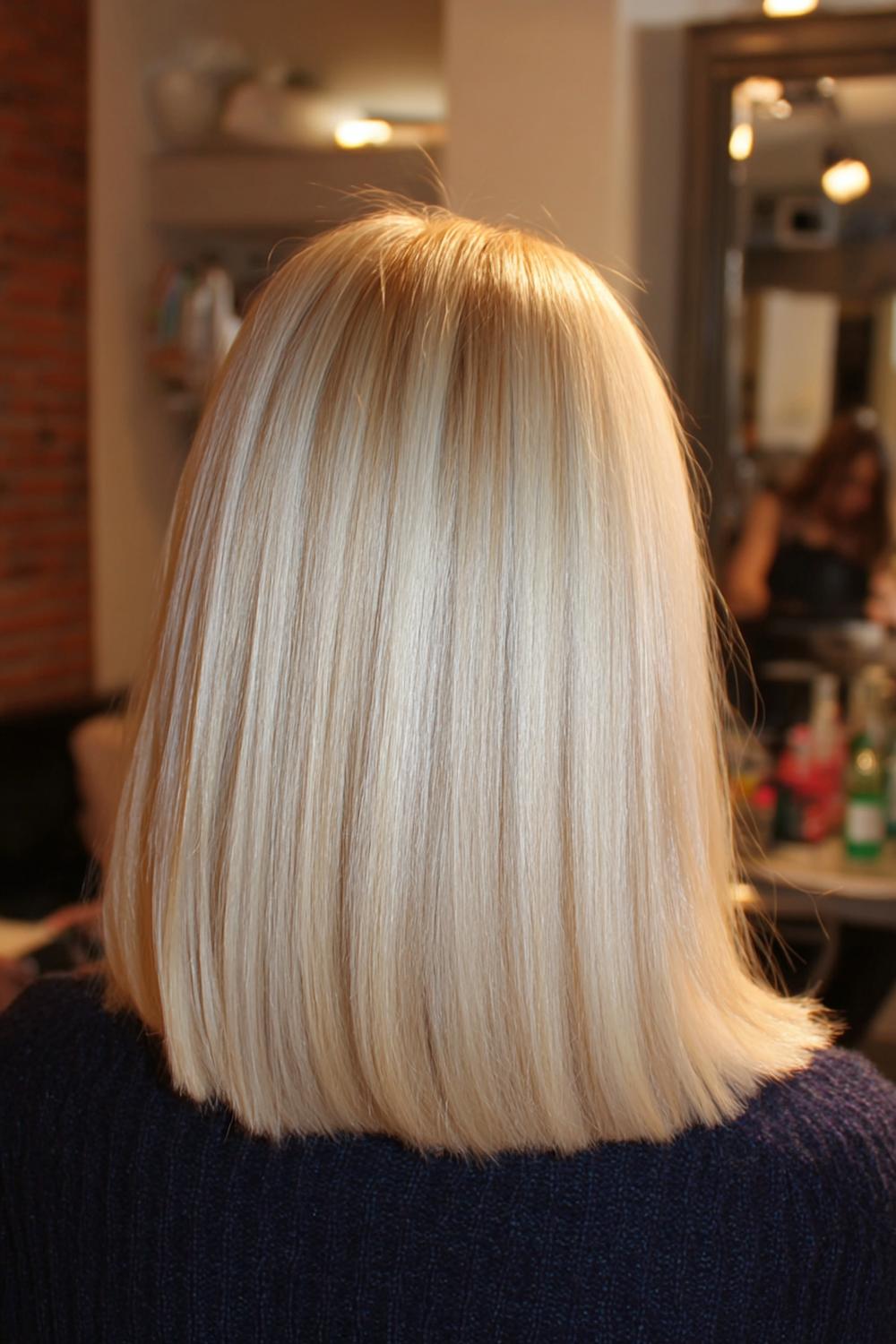19. Haar: parelmoer blonde met koele glans en strakke boblijn