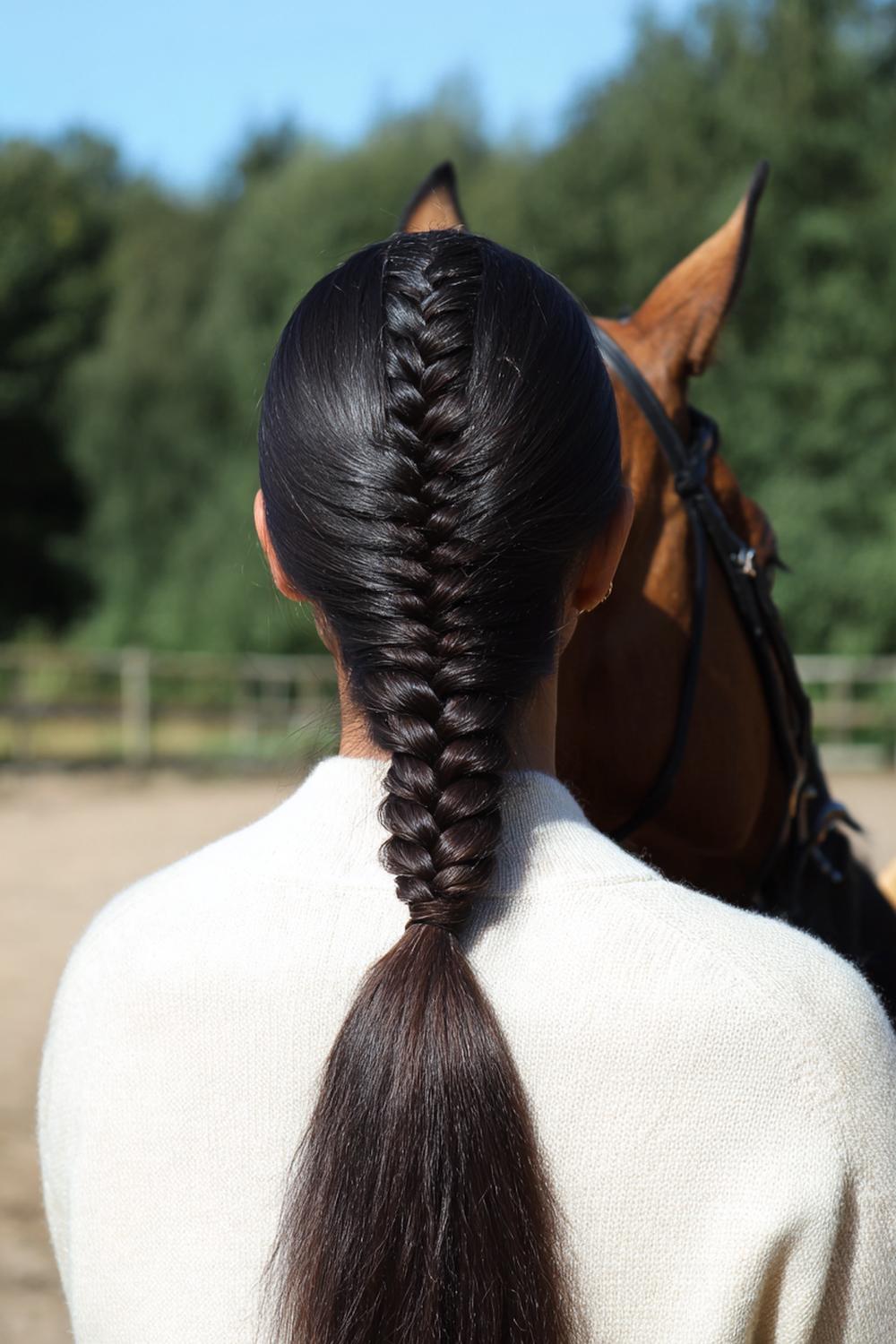 22. Haar: lage paardenstaart met midden scheiding en satijnen strik