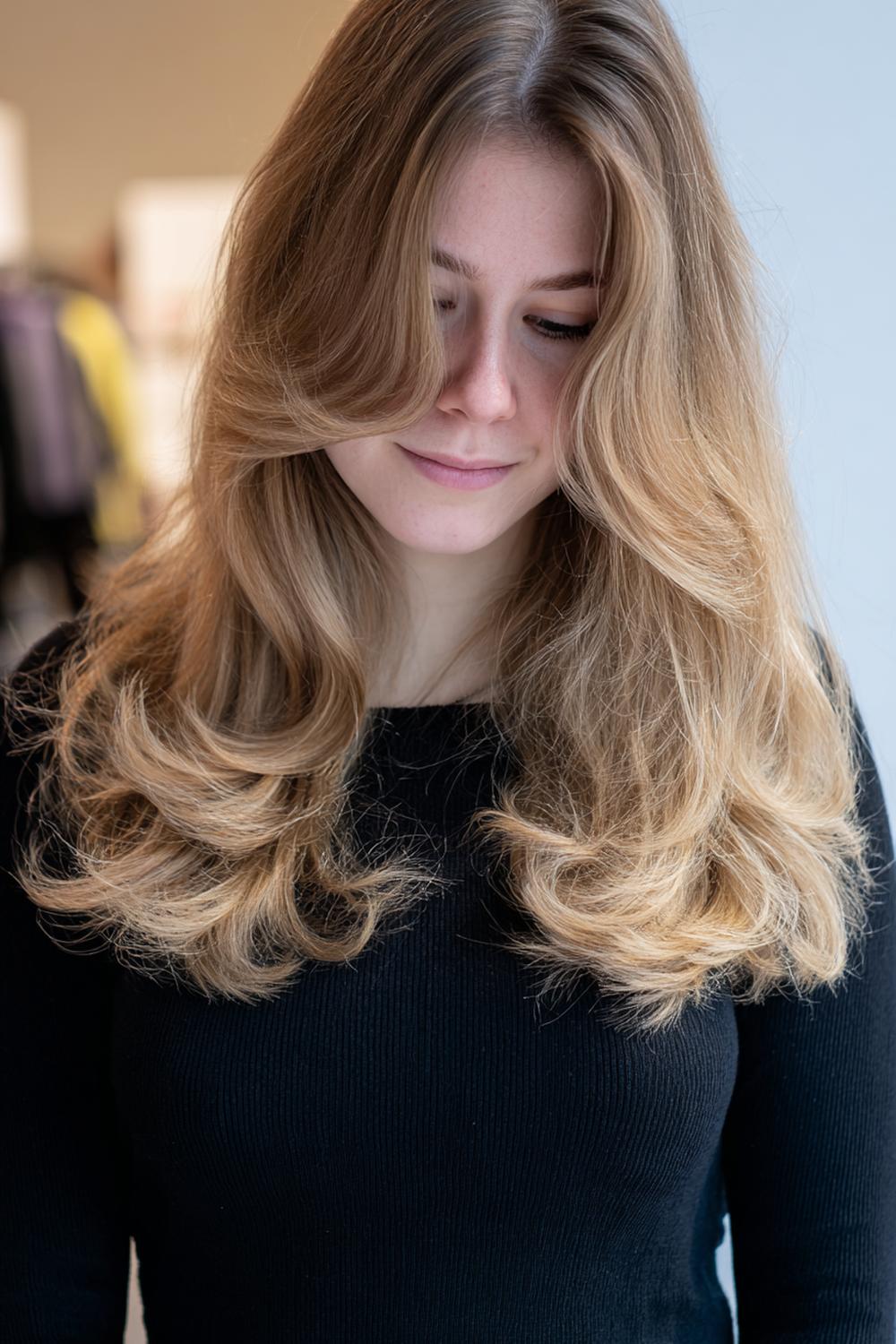 7. Haar: lange curtain bangs met bouncy blowout en glans