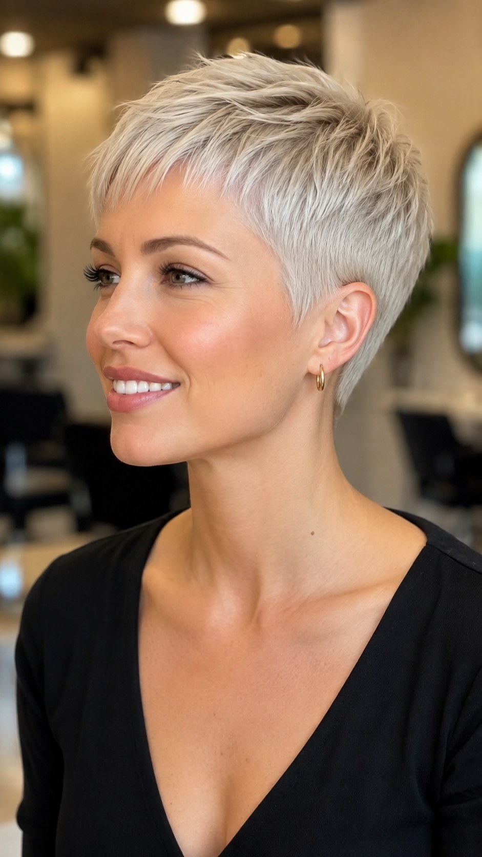 Klassieke pixie cut fijn haar met volle pony en nette laagopbouw bovenop