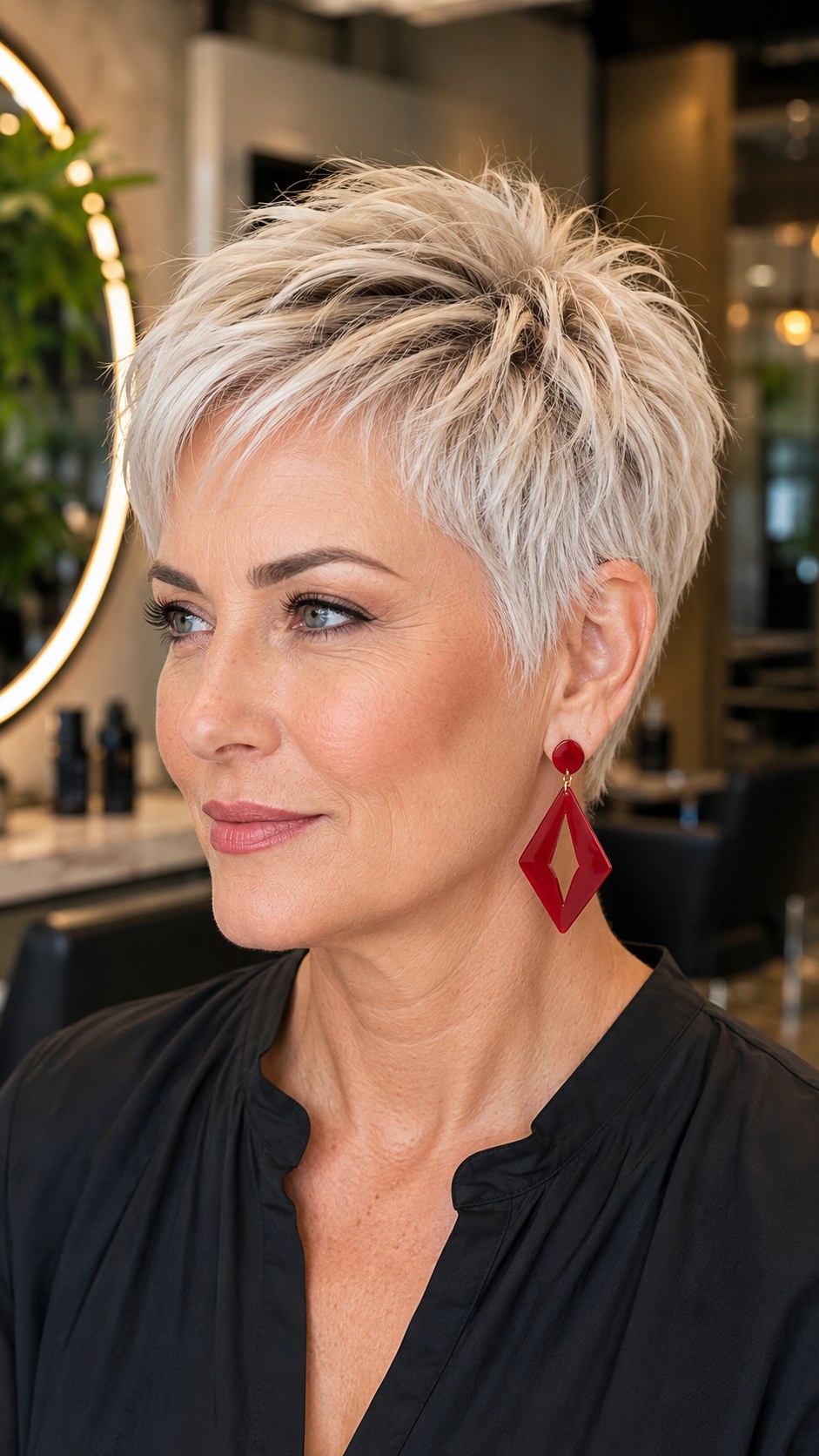 Edgy spiky pixie cut fijn haar met opwaartse punten en asymmetrische pony