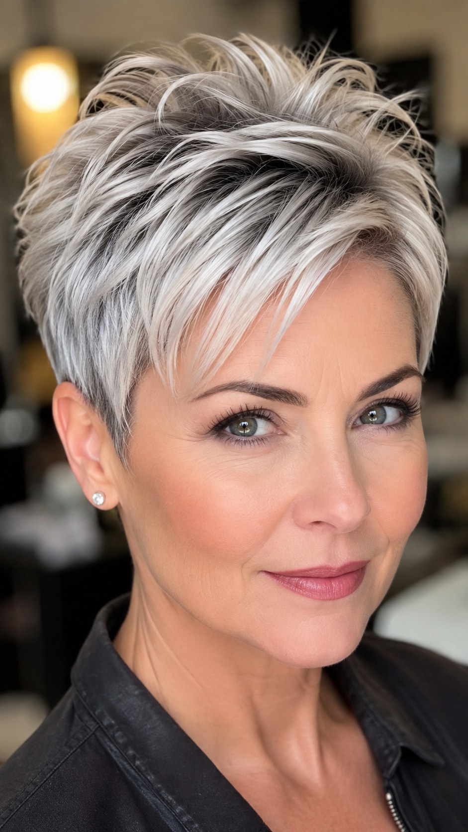 Volumineuze pixie cut fijn haar met blonde en grijze highlights voor vrouwen boven vijftig