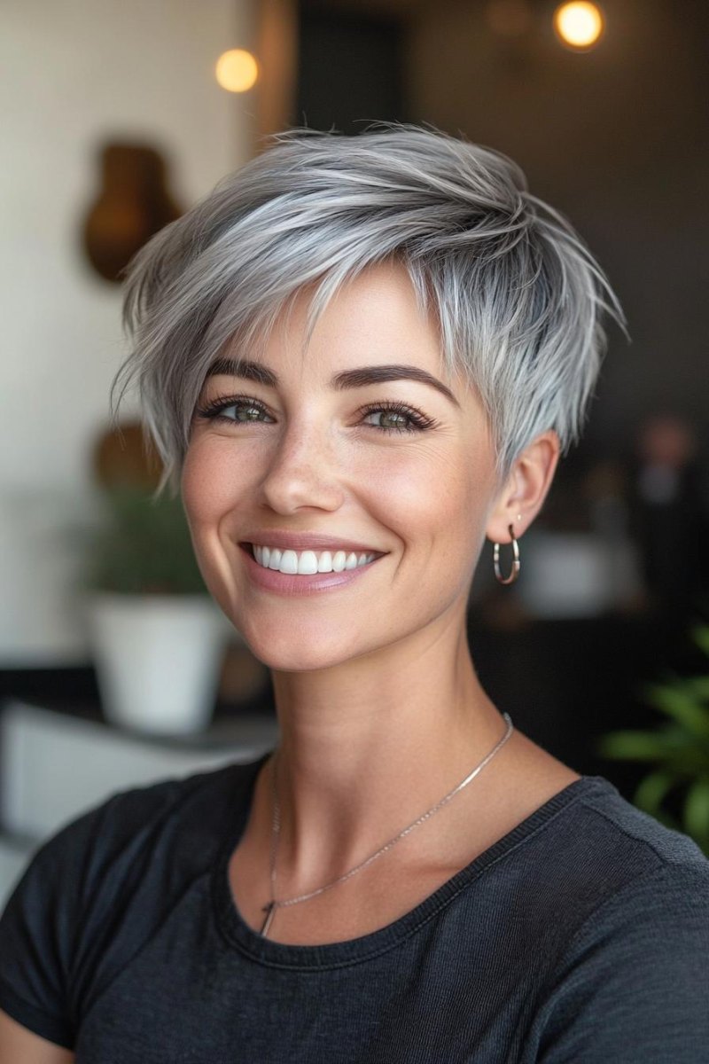 Kurzer Pixie Cut mit silbernen Akzenten im Deckhaar