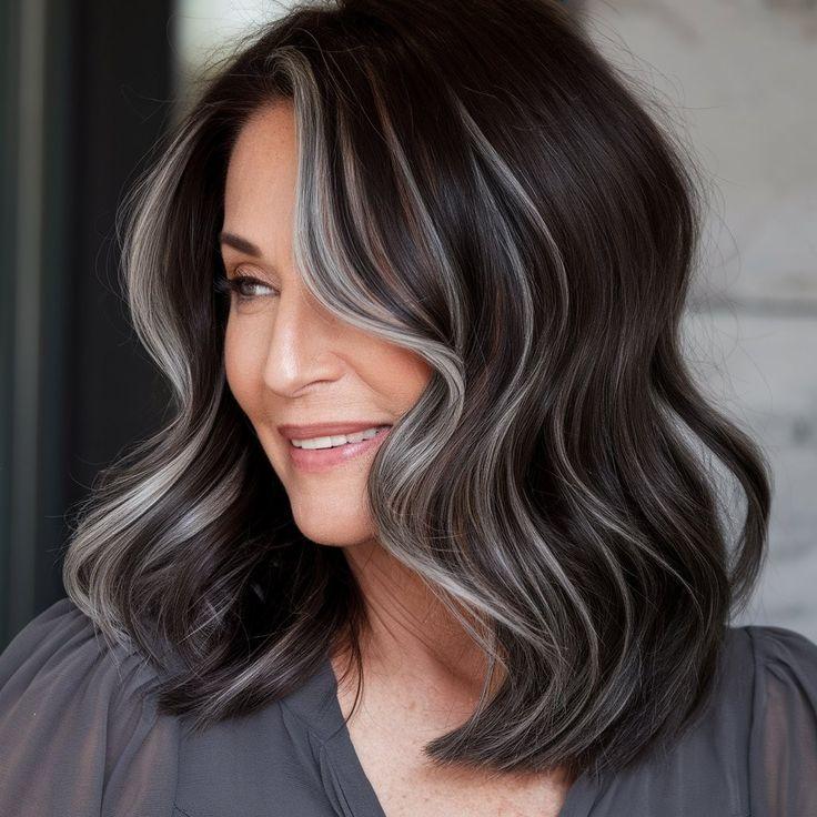 Braunes Haar mit kühlen silbernen Highlights und sanftem Glanz